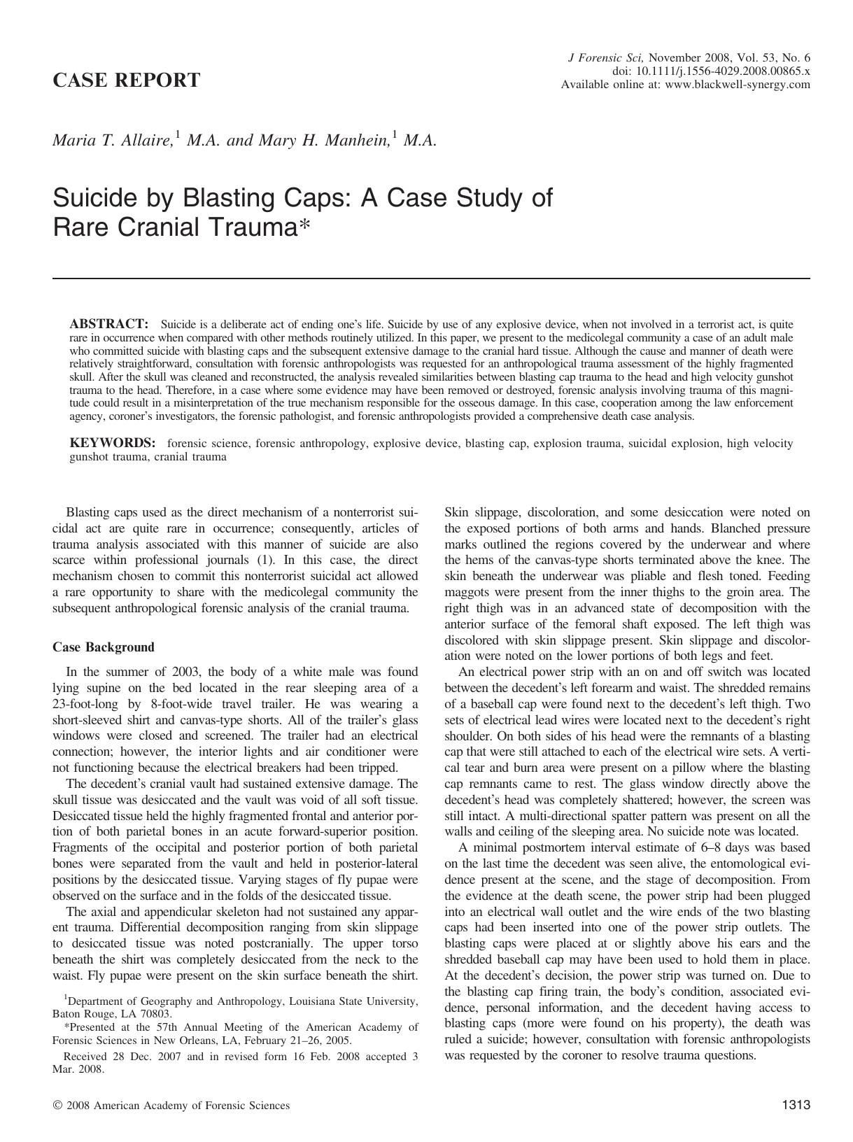 Suicide by Blasting Caps: A Case Study of Rare Cranial Trauma* by Unknown