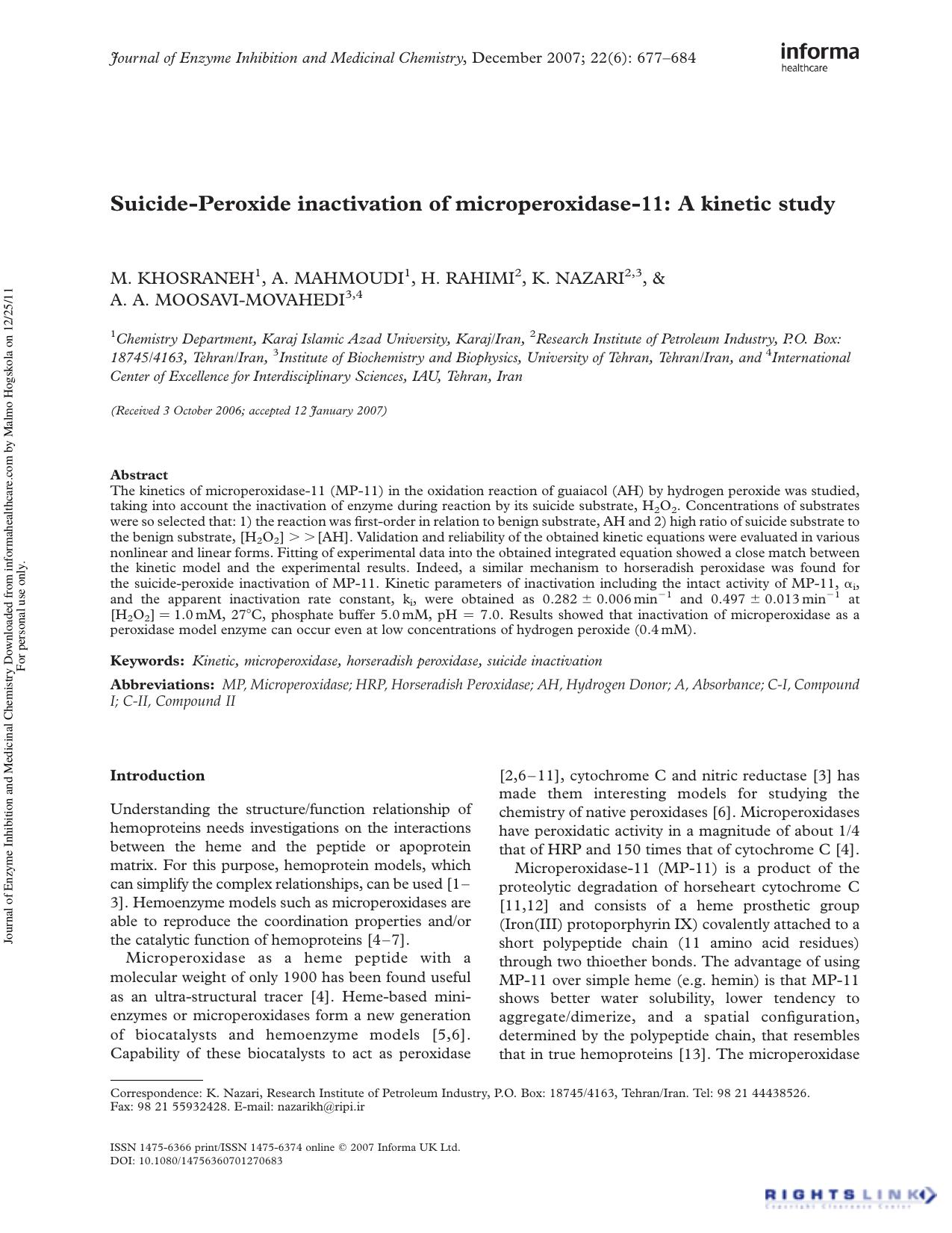 Suicide-Peroxide inactivation of microperoxidase-11: A kinetic study by M. Khosraneh A. Mahmoudi H. Rahimi K. Nazari A. A. Moosavi-Movahedi and