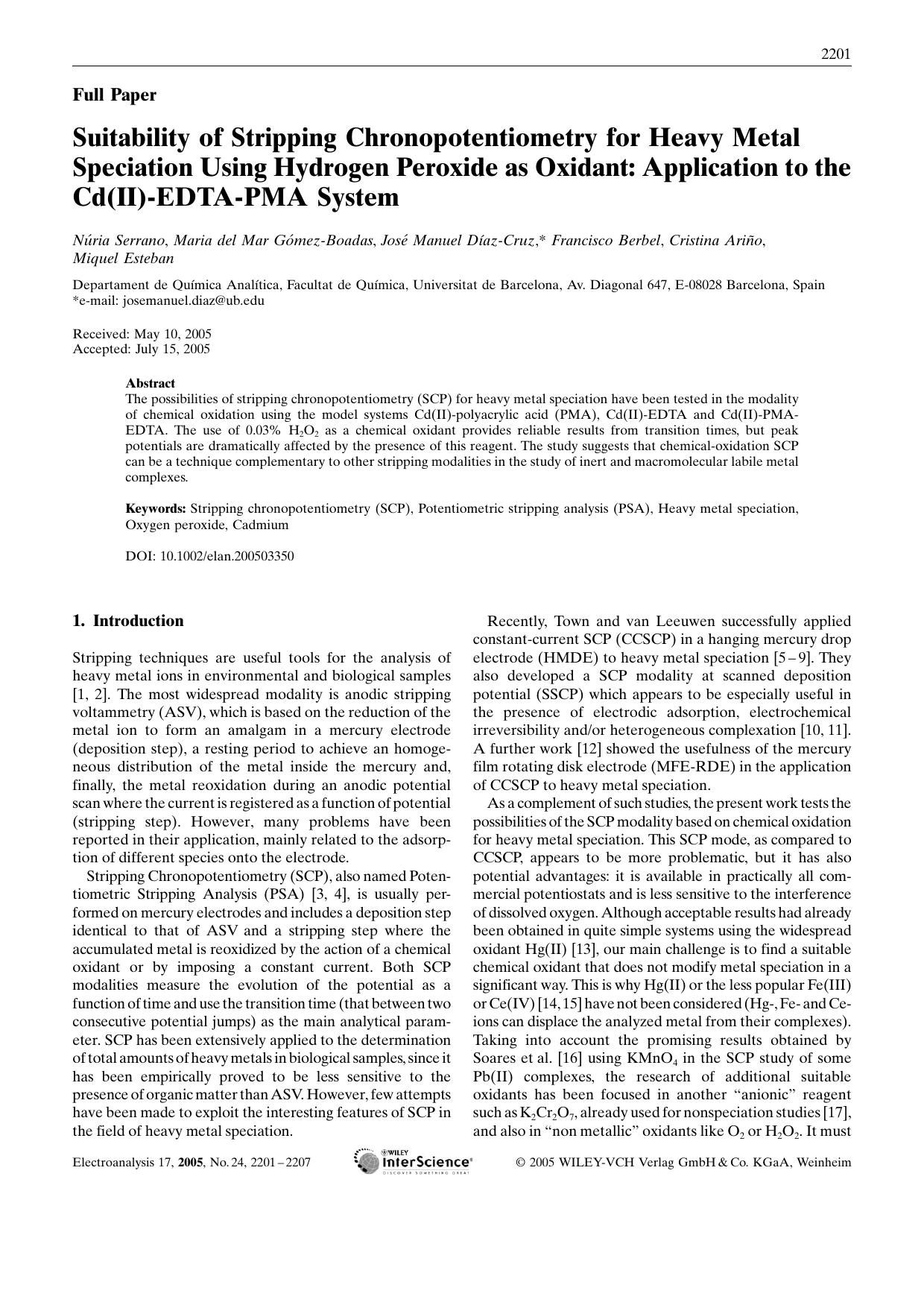 Suitability of Stripping Chronopotentiometry for Heavy Metal Speciation Using Hydrogen Peroxide as Oxidant: Application to the Cd(II)-EDTA-PMA System by Unknown