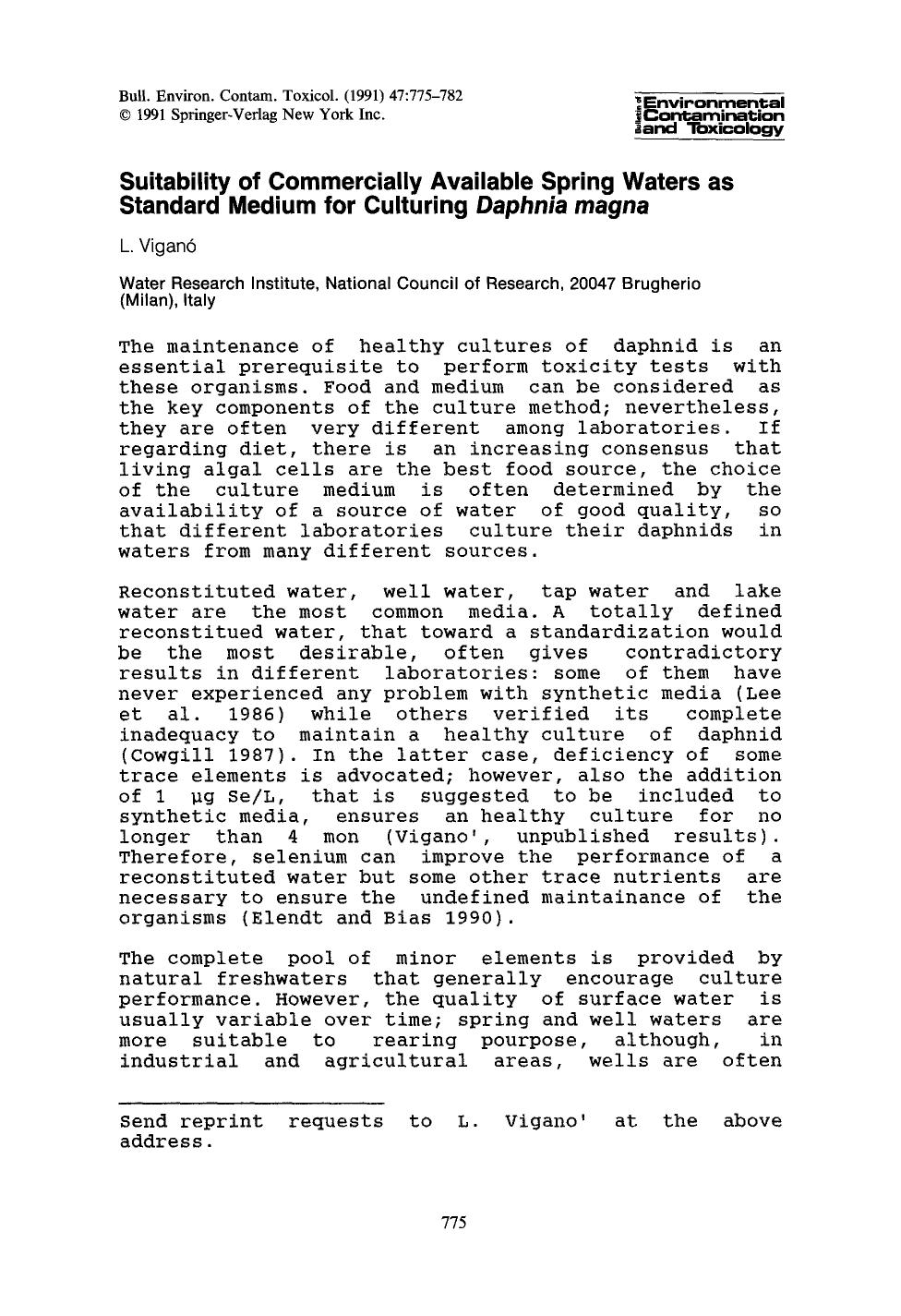 Suitability of commercially available spring waters as standard medium for culturing <Emphasis Type="Italic">Daphnia magna <Emphasis> by Unknown