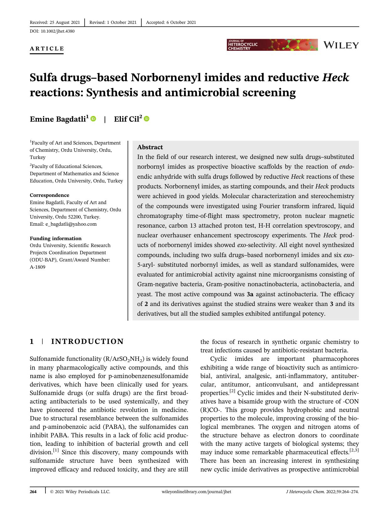 Sulfa Drugs Based Norbornenylimides and Reductive Heck Reactions: Synthesis and Antimicrobial Screening by Unknown