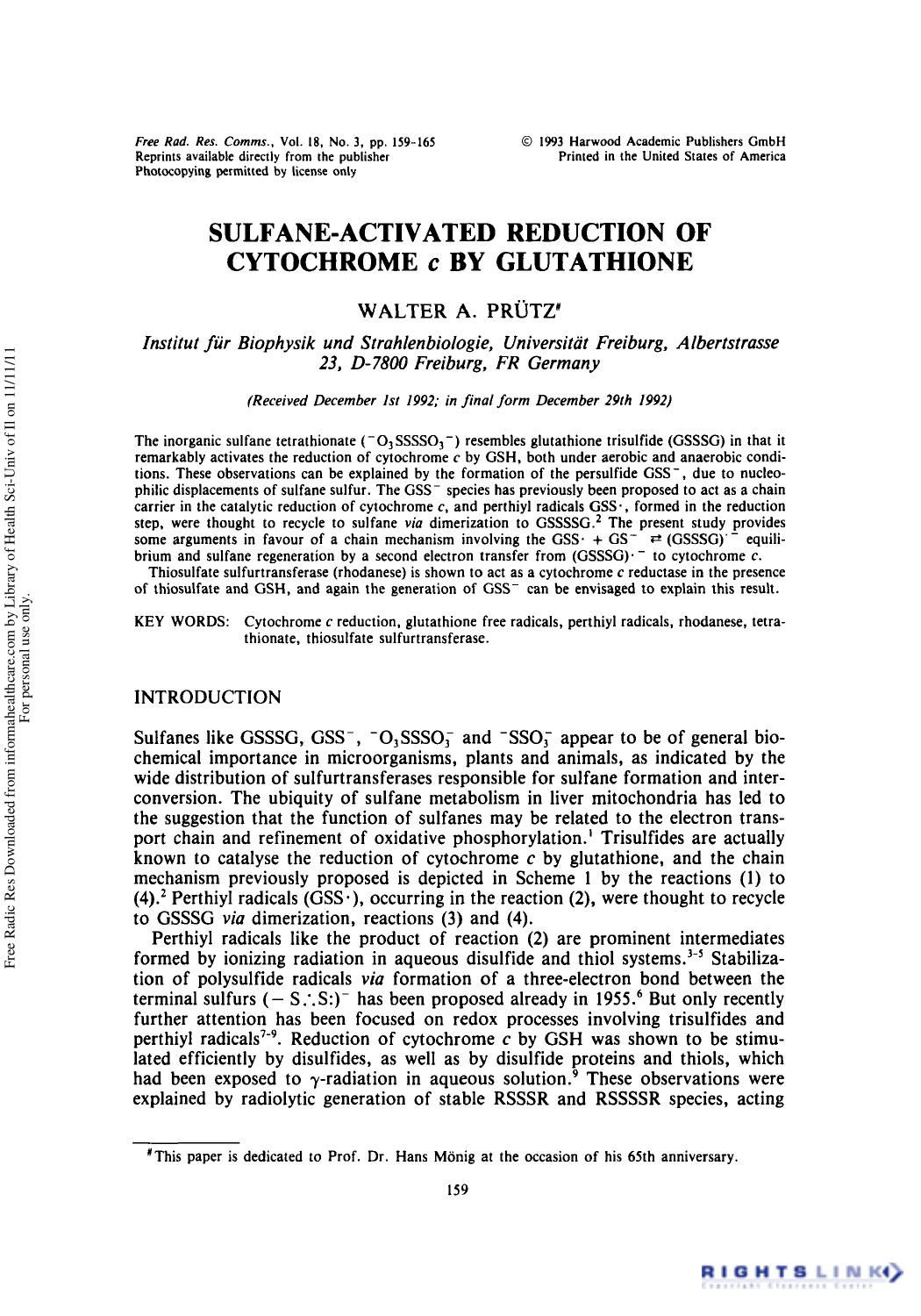 Sulfane-Activated Reduction of Cytochrome c by Glutathione by Walter A. Prütz1 & Prof. H. Sies1