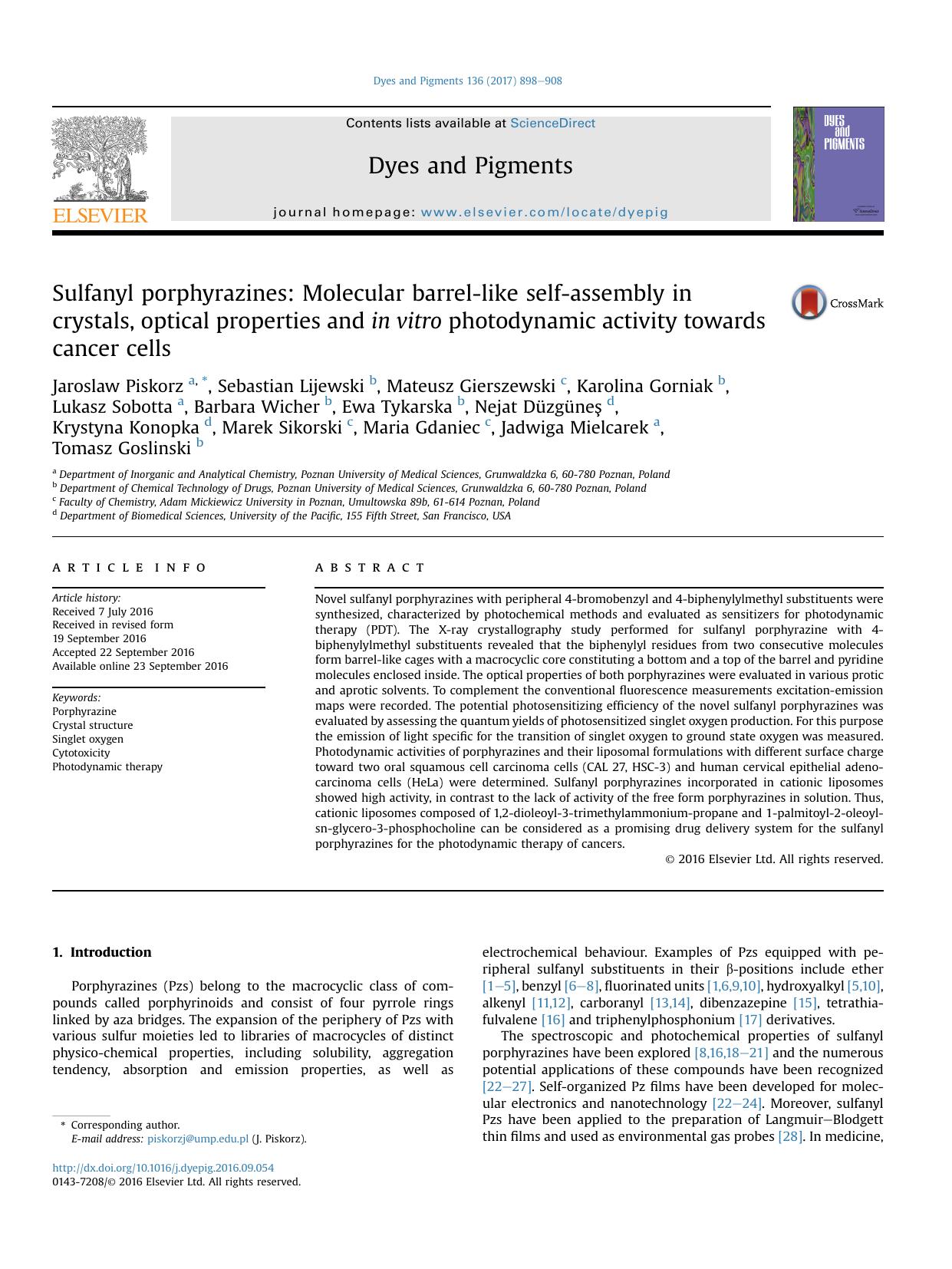 Sulfanyl porphyrazines: Molecular barrel-like self-assembly in crystals, optical properties and in&nbsp;vitro photodynamic activity towards cancer cells by unknow
