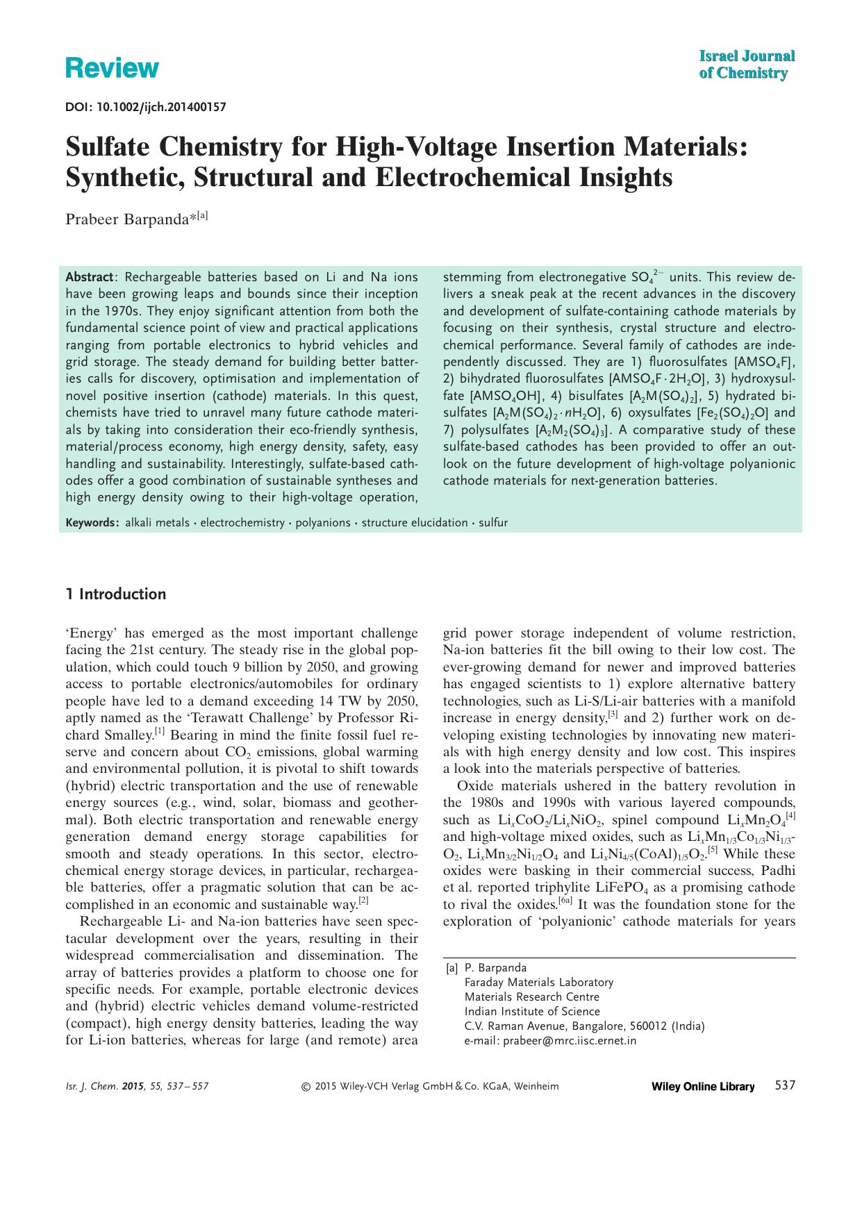 Sulfate Chemistry for HighVoltage Insertion Materials: Synthetic, Structural and Electrochemical Insights by Unknown