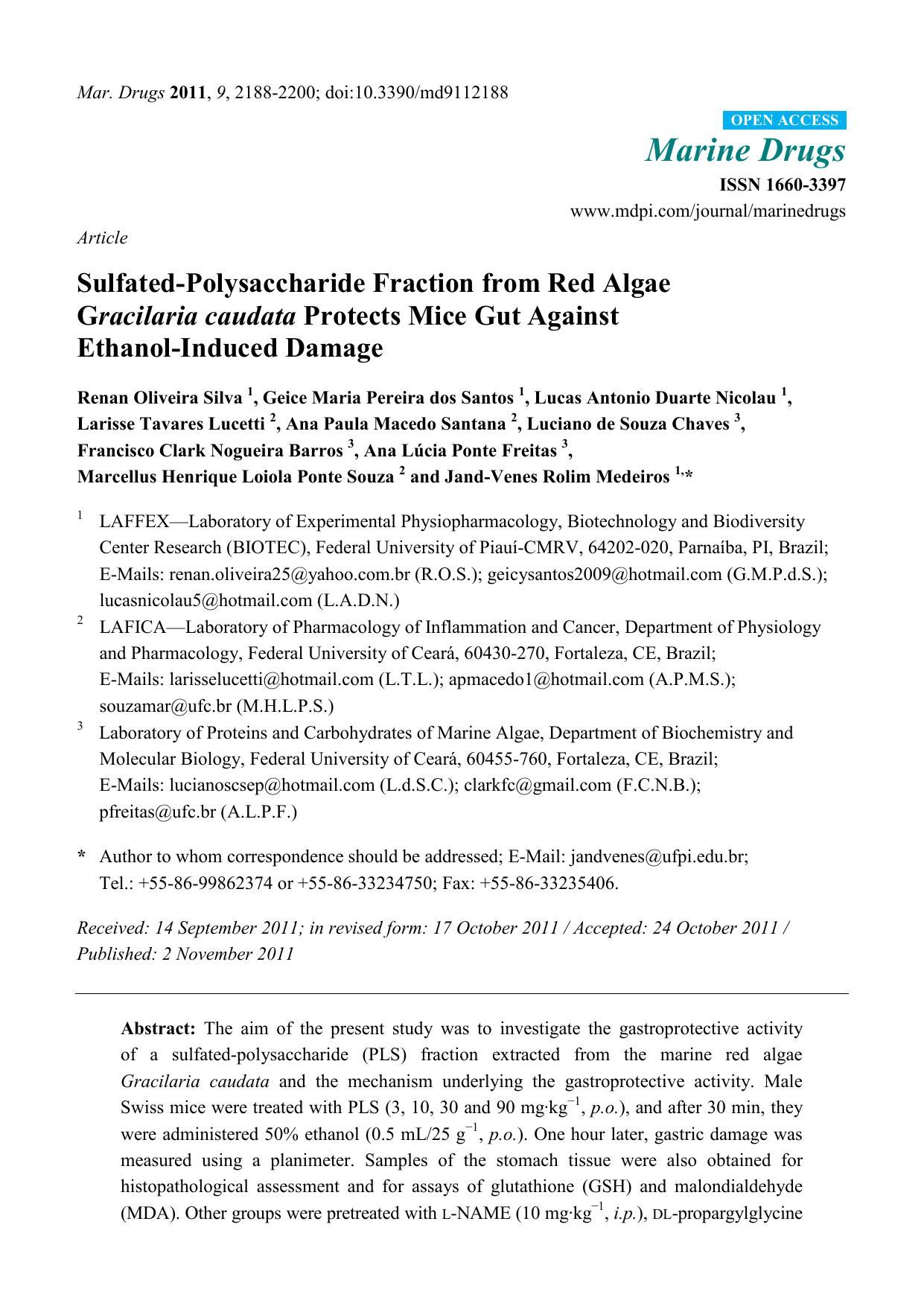 Sulfated-Polysaccharide Fraction from Red Algae Gracilaria caudata Protects Mice Gut Against Ethanol-Induced Damage by unknow