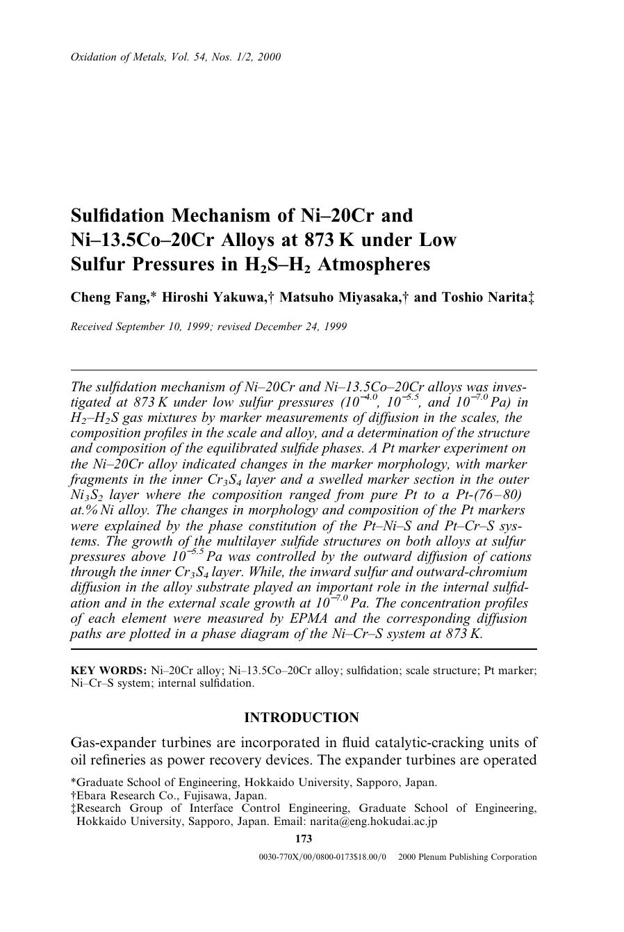Sulfidation Mechanism of Ni&#x2013;20Cr and Ni&#x2013;13.5Co&#x2013;20Cr Alloys at 873 K under Low Sulfur Pressures in H2S&#x2013;H2 Atmospheres by Unknown