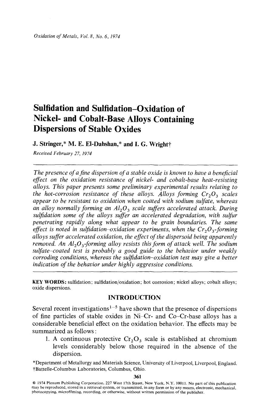 Sulfidation and sulfidation-oxidation of nickel- and cobalt-base alloys containing dispersions of stable oxides by Unknown