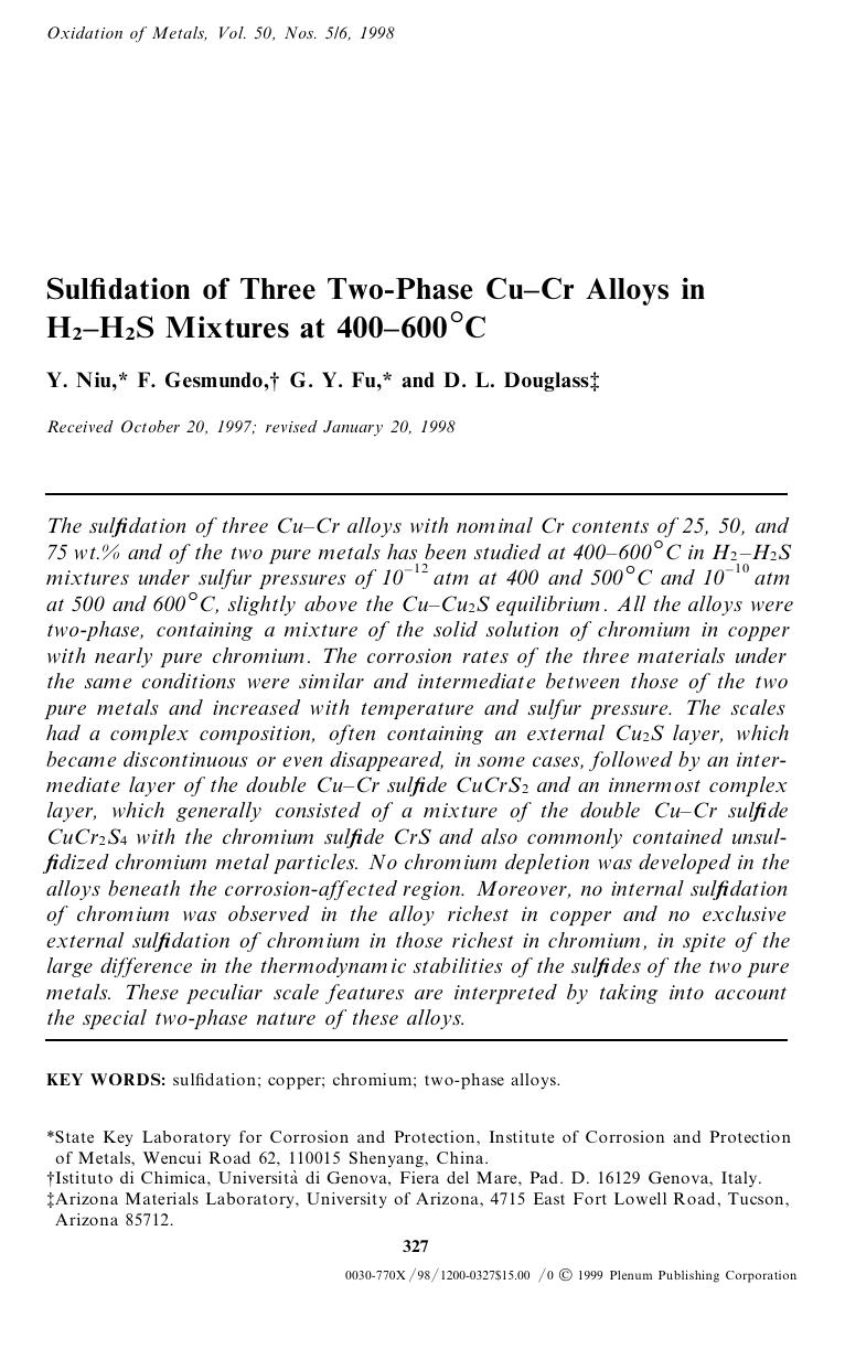 Sulfidation of Three Two-Phase Cu-Cr Alloys in H2-H2S Mixtures at 400-600°C by Unknown