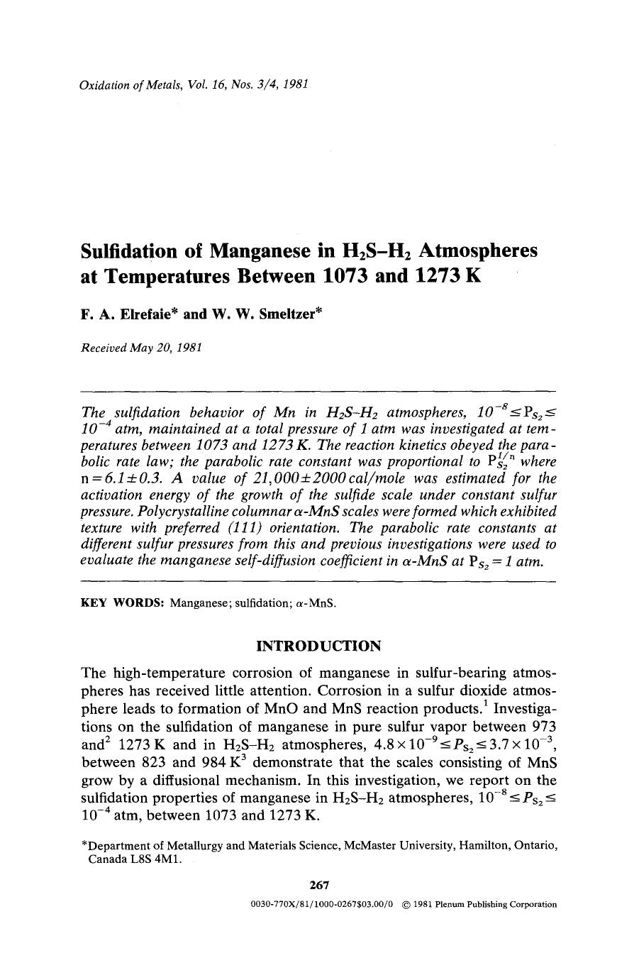 Sulfidation of manganese in H <Subscript>2 <Subscript>S-H <Subscript>2 <Subscript> atmospheres at temperatures between 1073 and 1273 K by Unknown