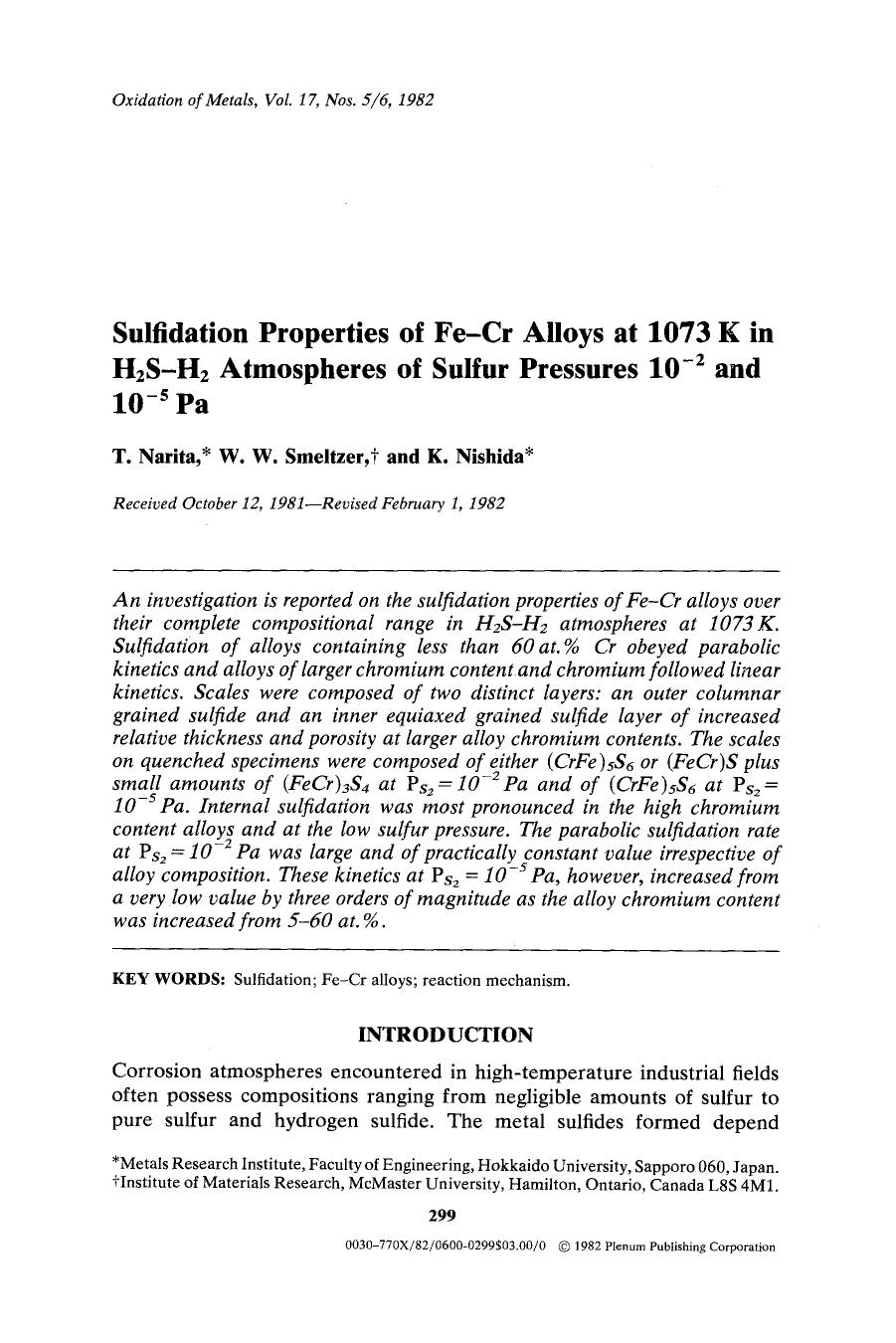 Sulfidation properties of Fe-Cr alloys at 1073 K in H <Subscript>2 <Subscript>S-H <Subscript>2 <Subscript> atmospheres of sulfur pressures 10 <Superscript>&#x2212;2 <Superscript> a by Unknown