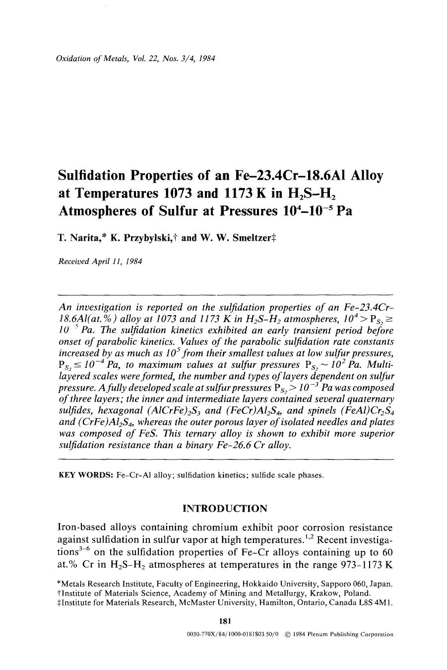 Sulfidation properties of an Fe-23.4Cr-18.6Al alloy at temperatures 1073 and 1173 K in H <Subscript>2 <Subscript>S-H <Subscript>2 <Subscript> atmospheres of sulfur at pressures 10 by Unknown