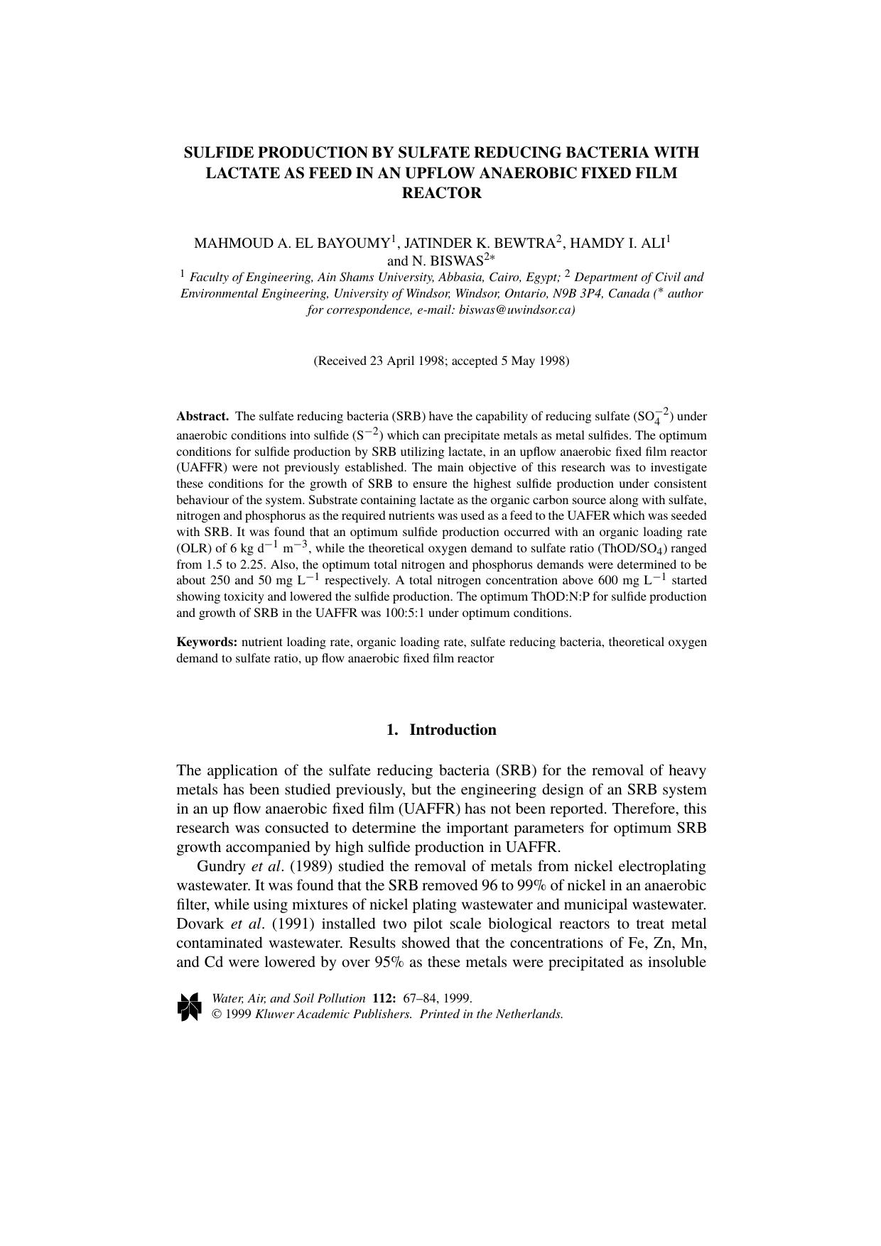 Sulfide Production by Sulfate Reducing Bacteria with Lactate as Feed in an Upflow Anaerobic Fixed Film Reactor by Unknown