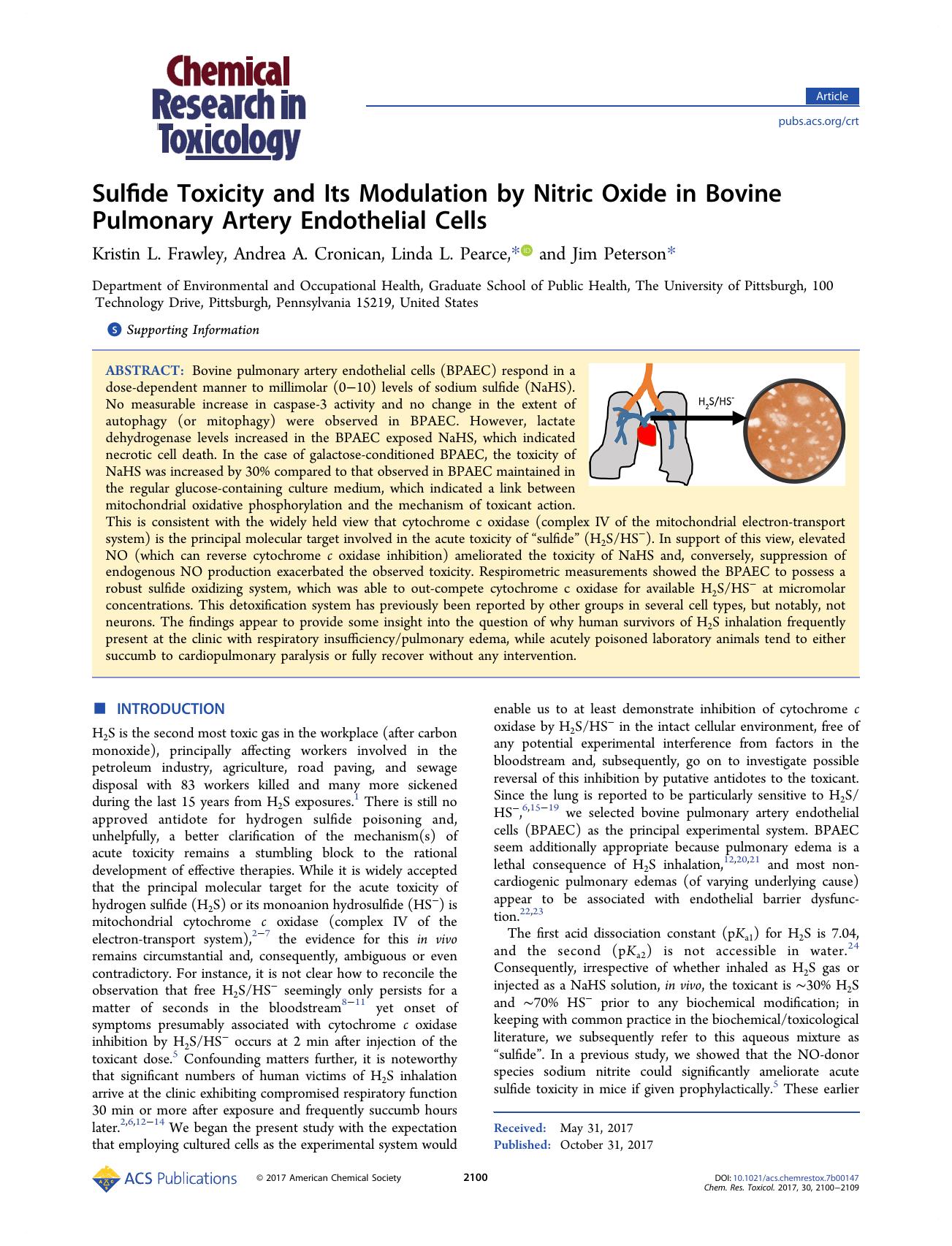 Sulfide Toxicity and Its Modulation by Nitric Oxide in Bovine Pulmonary Artery Endothelial Cells by Kristin L. Frawley Andrea A. Cronican Linda L. Pearce and Jim Peterson