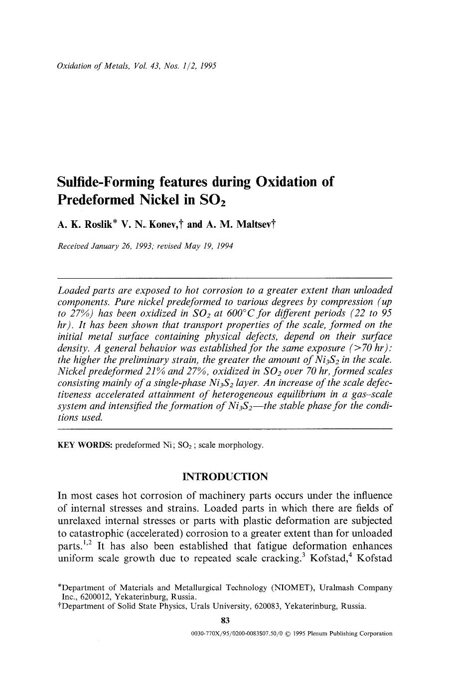 Sulfide-forming features during oxidation of predeformed nickel in SO <Subscript>2 <Subscript> by Unknown