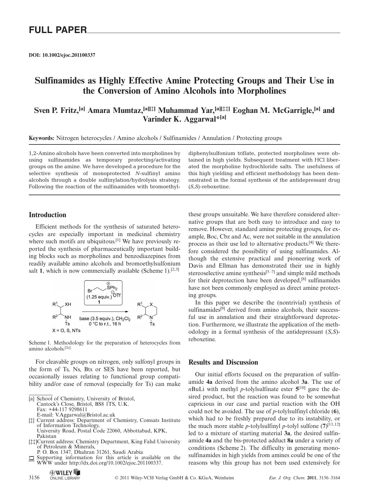 Sulfinamides as Highly Effective Amine Protecting Groups and Their Use in the Conversion of Amino Alcohols into Morpholines by Unknown