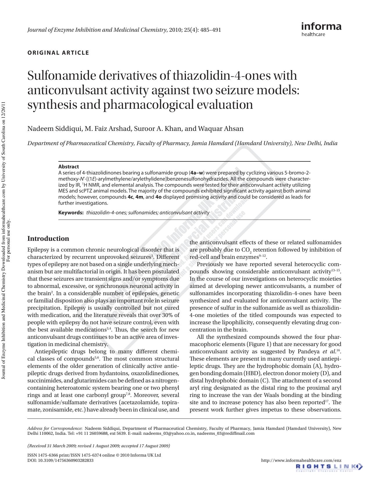 Sulfonamide derivatives of thiazolidin-4-ones with anticonvulsant activity against two seizure models: synthesis and pharmacological evaluation by unknow