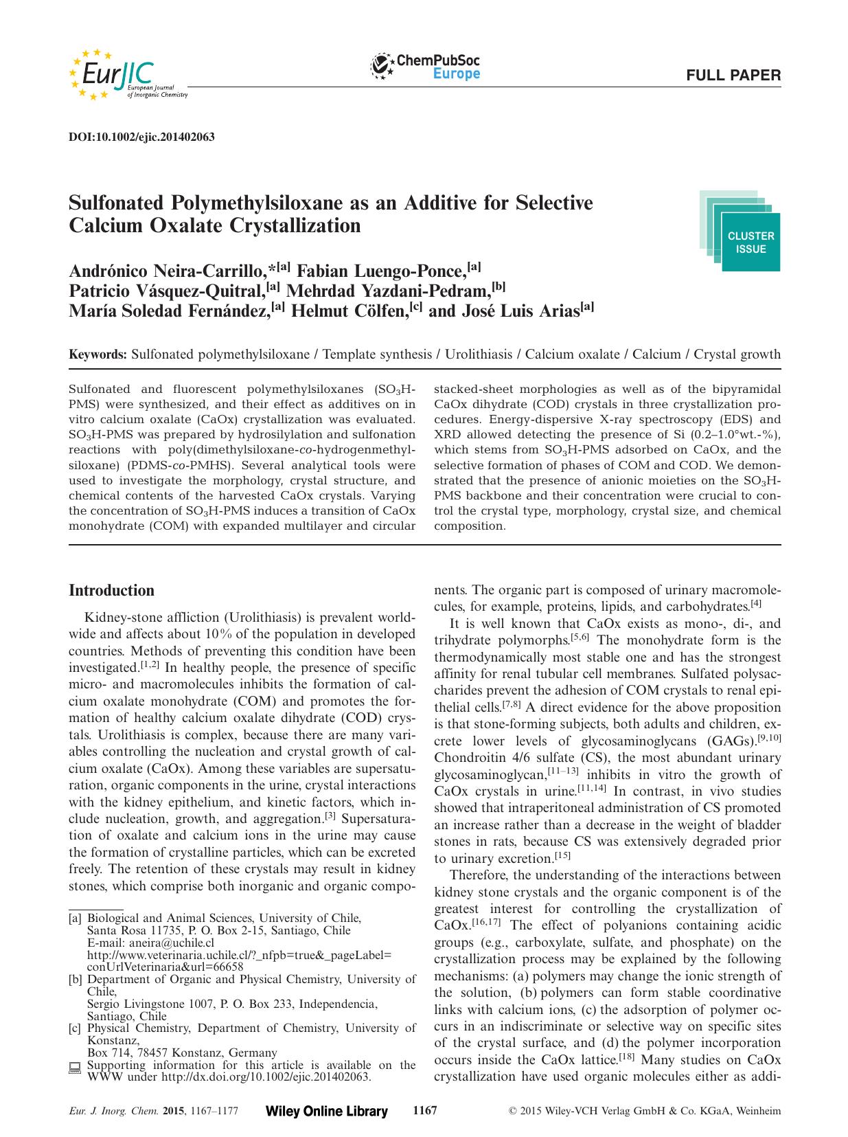 Sulfonated Polymethylsiloxane as an Additive for Selective Calcium Oxalate Crystallization by Unknown
