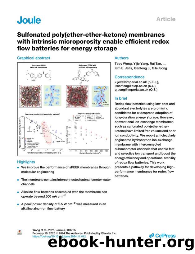 Sulfonated poly(ether-ether-ketone) membranes with intrinsic microporosity enable efficient redox flow batteries for energy storage by Toby Wong