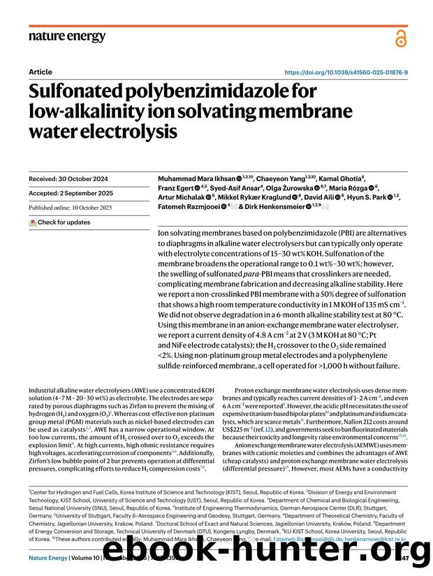 Sulfonated polybenzimidazole for low-alkalinity ion solvating membrane water electrolysis by unknow