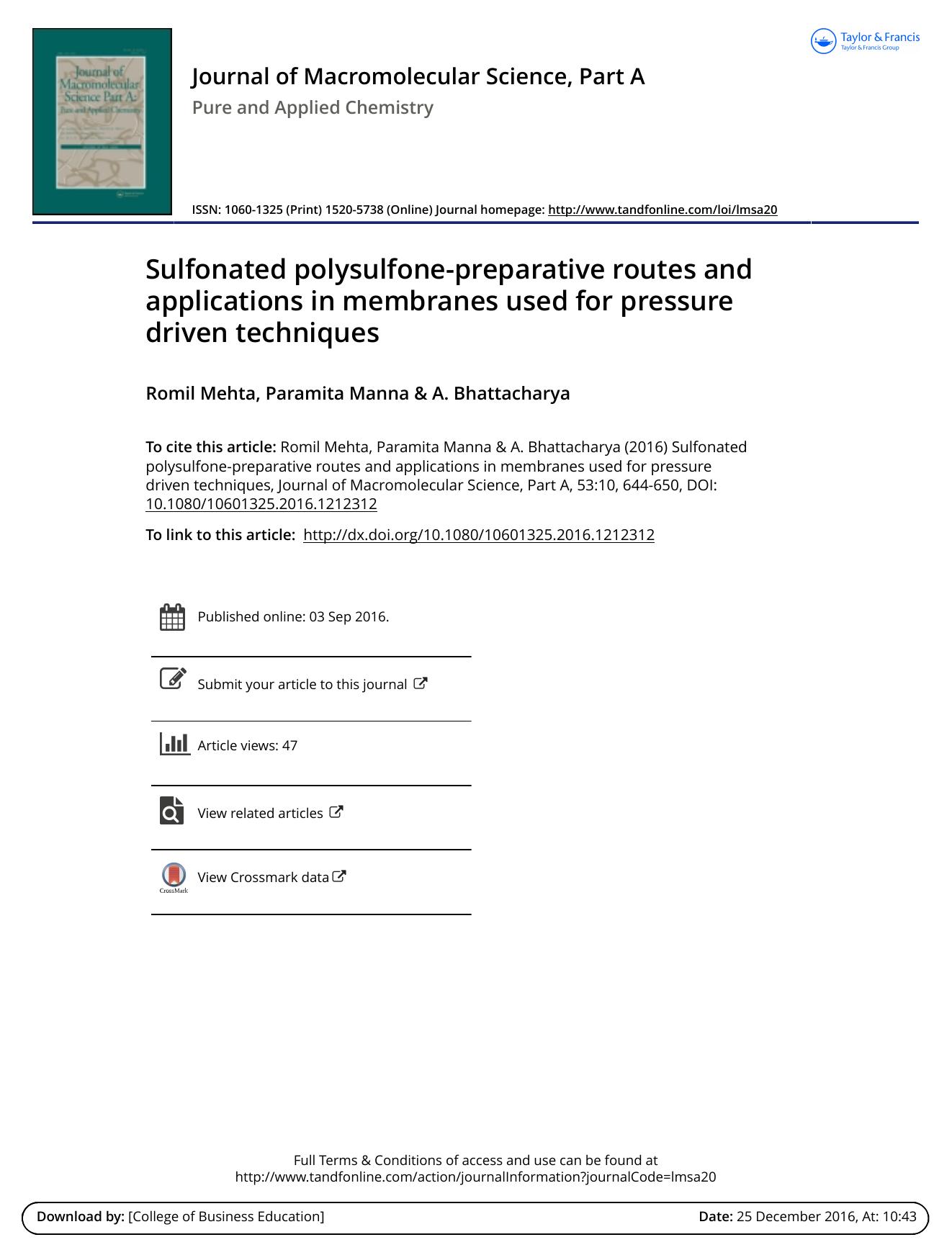 Sulfonated polysulfone-preparative routes and applications in membranes used for pressure driven techniques by Romil Mehta & Paramita Manna & A. Bhattacharya