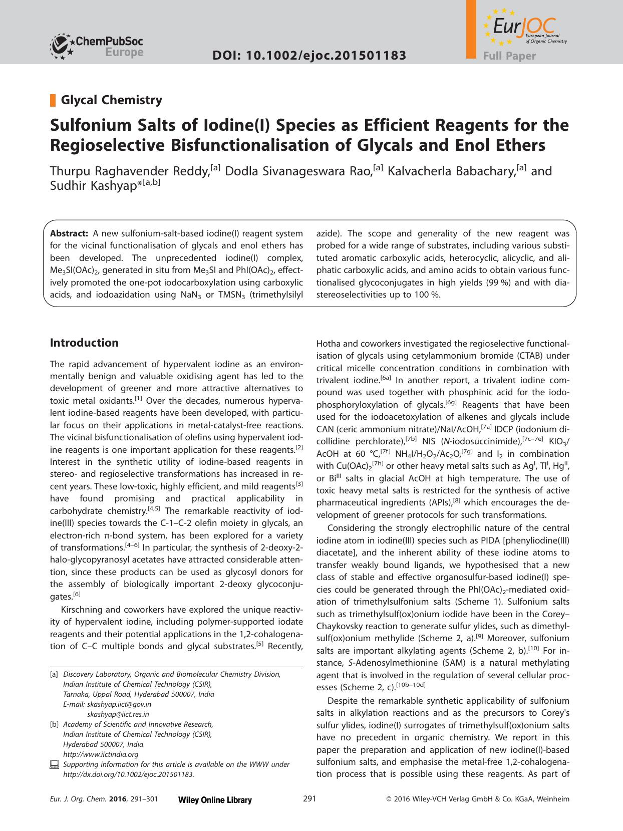 Sulfonium Salts of Iodine(I) Species as Efficient Reagents for the Regioselective Bisfunctionalisation of Glycals and Enol Ethers by Unknown