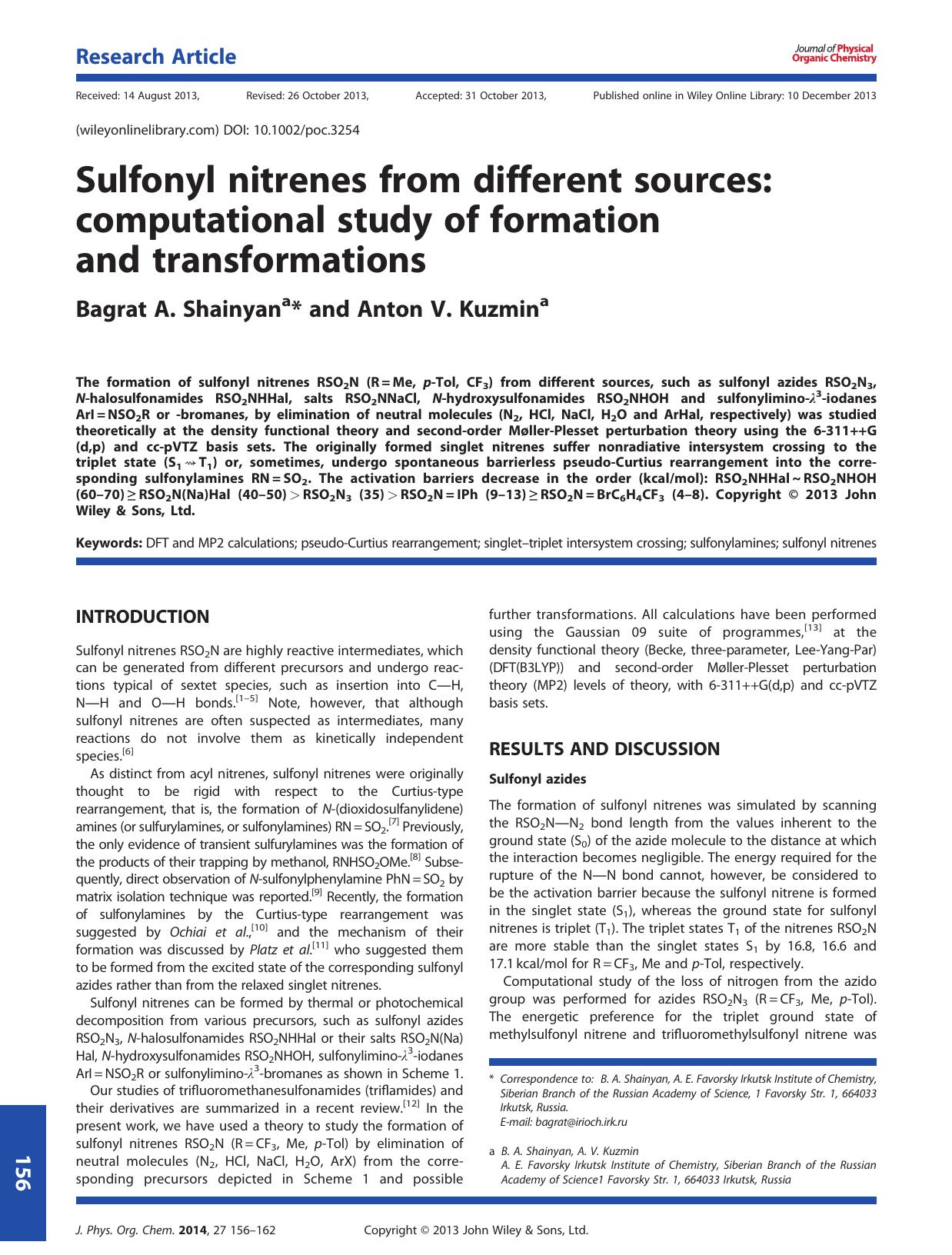 Sulfonyl nitrenes from different sources: computational study of formation and transformations by Unknown