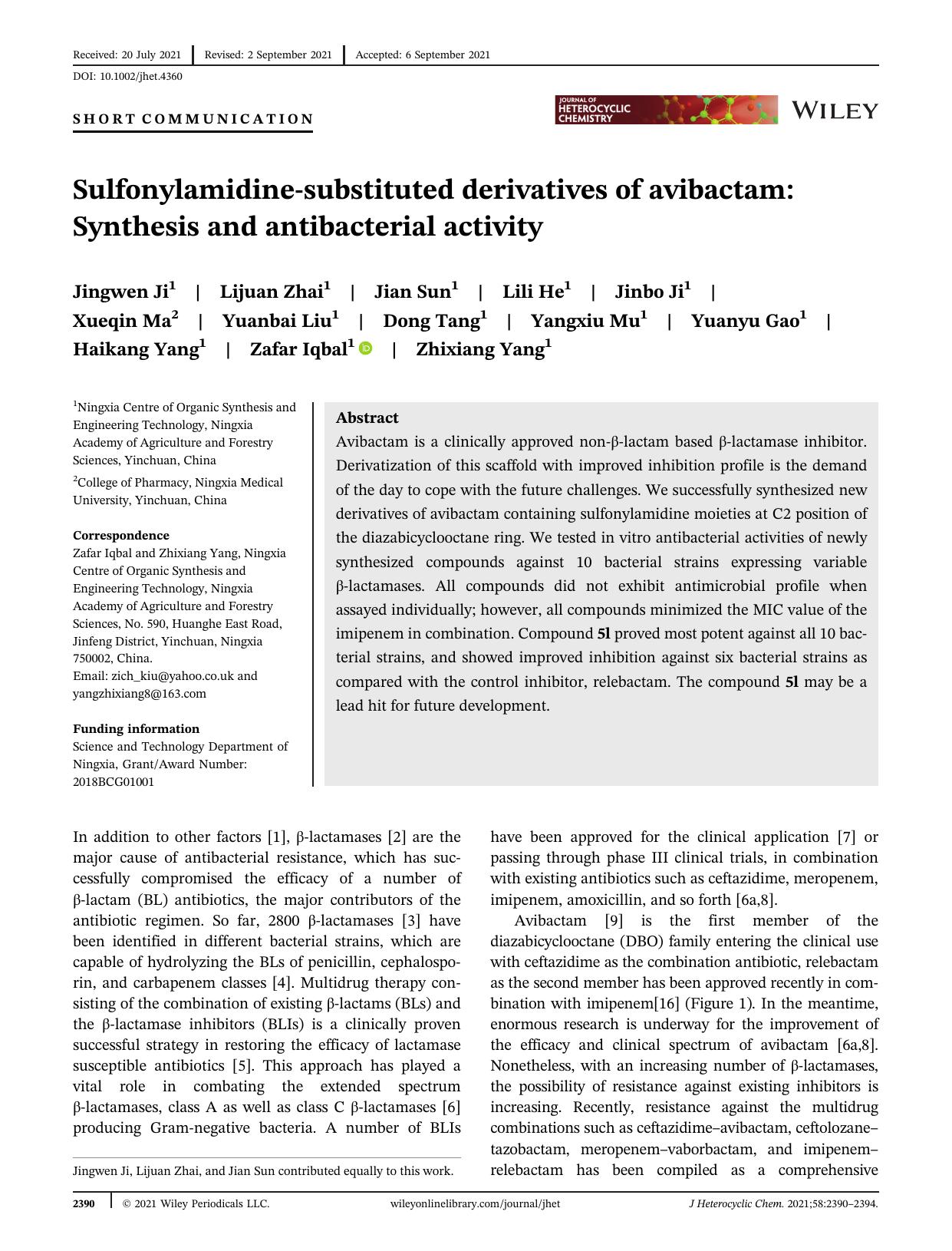 Sulfonylamidine-substituted derivatives of avibactam: synthesis and antibacterial activity by Unknown