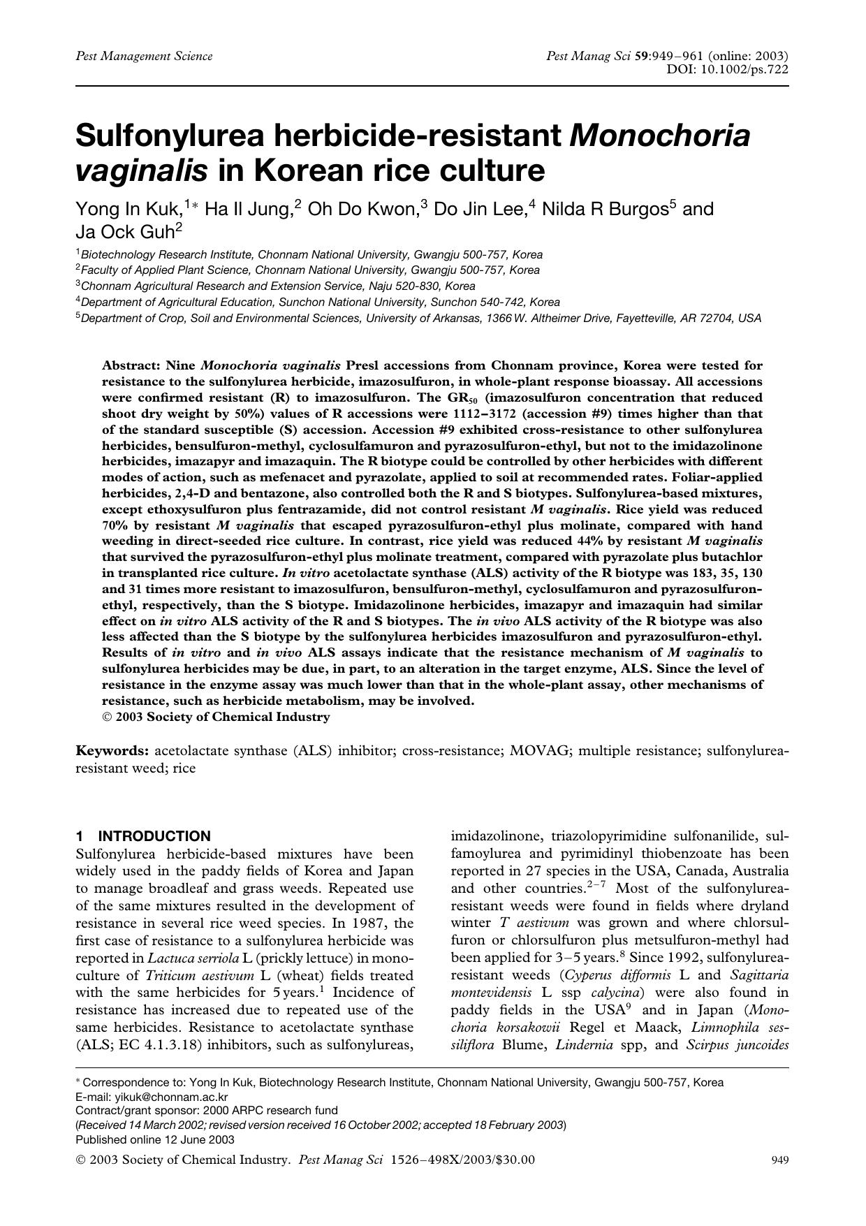 Sulfonylurea herbicide-resistant Monochoria vaginalis in Korean rice culture by Unknown