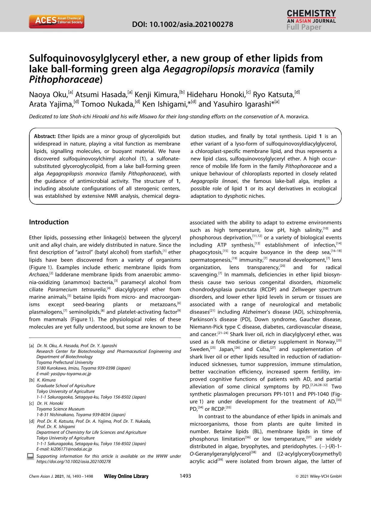 Sulfoquinovosylglyceryl ether, a new group of ether lipids from lake ballâforming green alga Aegagropilopsis moravica (family Pithophoraceae) by Unknown