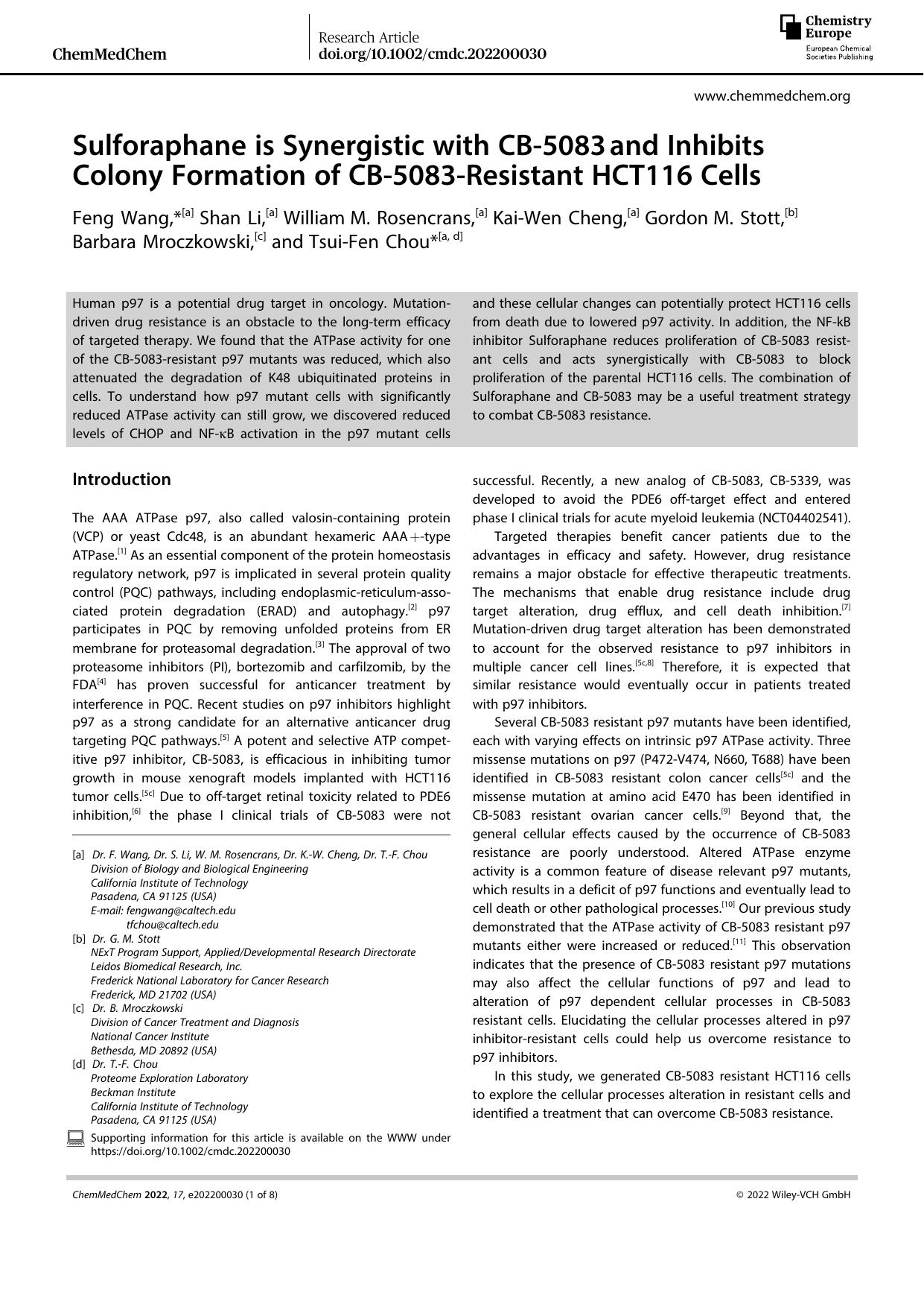 Sulforaphane is Synergistic with CBâ5083âand Inhibits Colony Formation of CBâ5083âResistant HCT116 Cells by Unknown