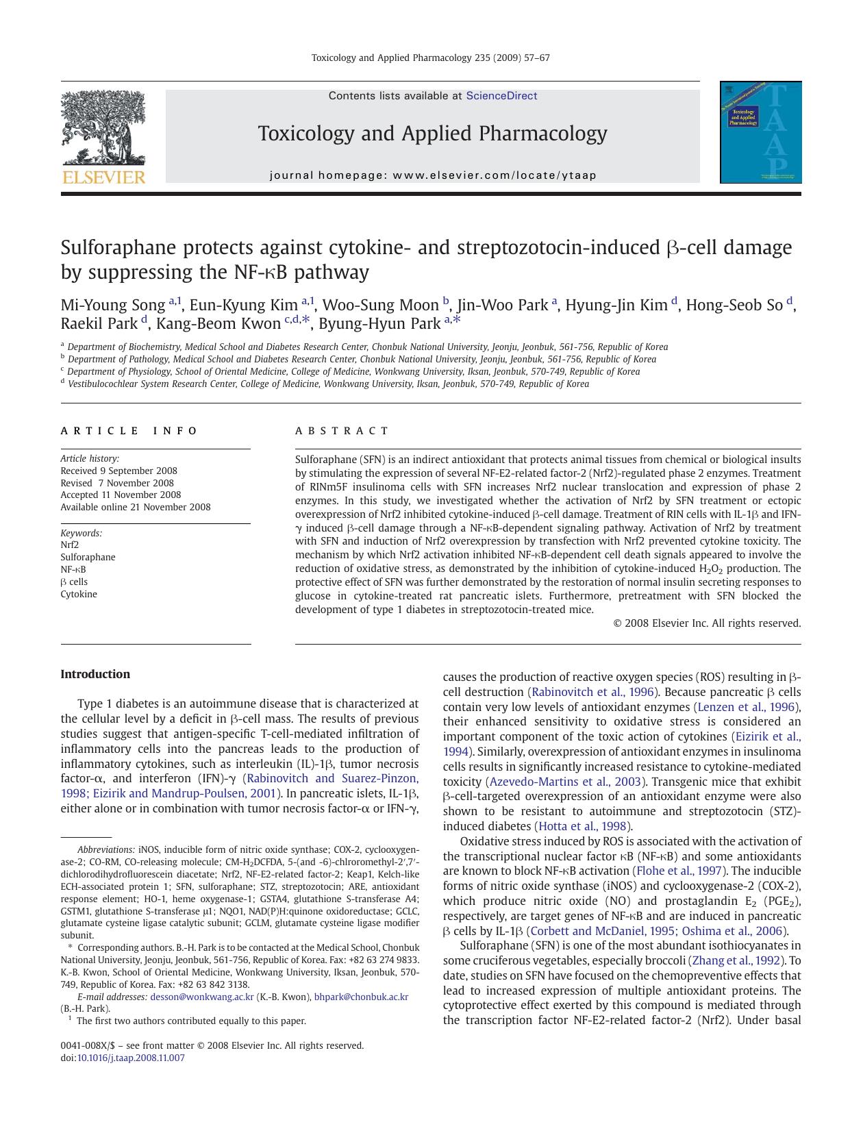Sulforaphane protects against cytokine- and streptozotocin-induced Î²-cell damage by suppressing the NF-ÎºB pathway by unknow