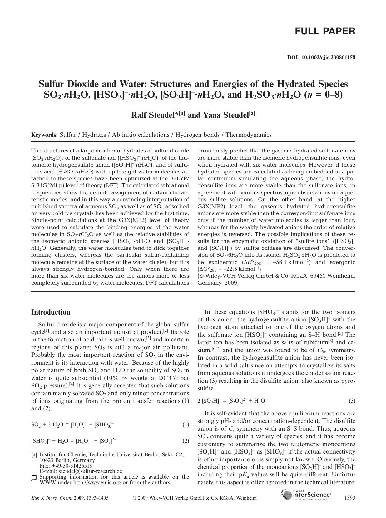Sulfur Dioxide and Water: Structures and Energies of the Hydrated Species SO2Â·nH2O, [HSO3]-Â·nH2O, [SO3H]-Â·nH2O, and H2SO3Â·nH2O (n = 0-8) by Unknown