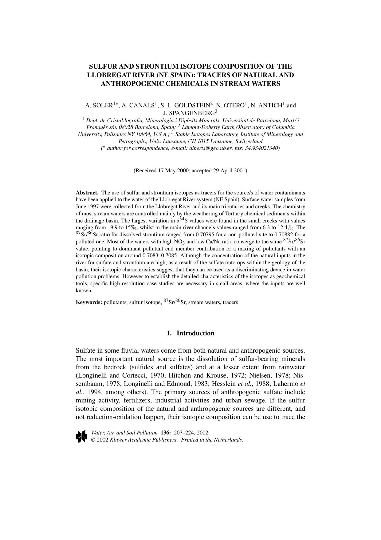 Sulfur and Strontium Isotope Composition of the Llobregat River (Ne Spain): Tracers of Natural and Anthropogenic Chemicals in Stream Waters by Unknown