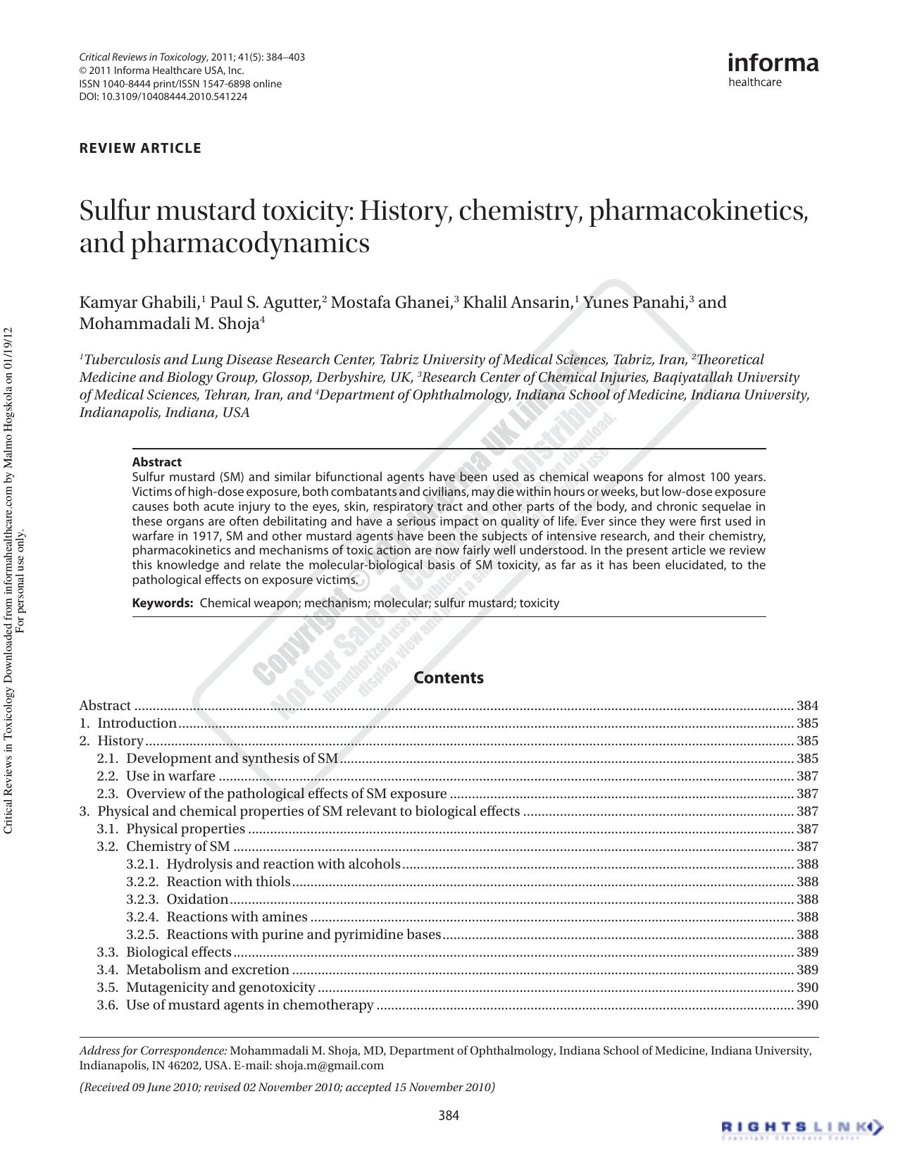 Sulfur mustard toxicity: History, chemistry, pharmacokinetics, and pharmacodynamics by unknow