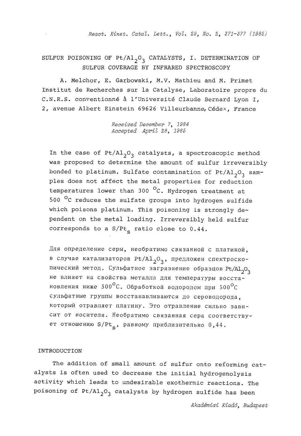 Sulfur poisoning of PtAl <Subscript>2 <Subscript>O <Subscript>3 <Subscript> catalysts, I. Determination of sulfur coverage by infrared spectroscopy by Unknown
