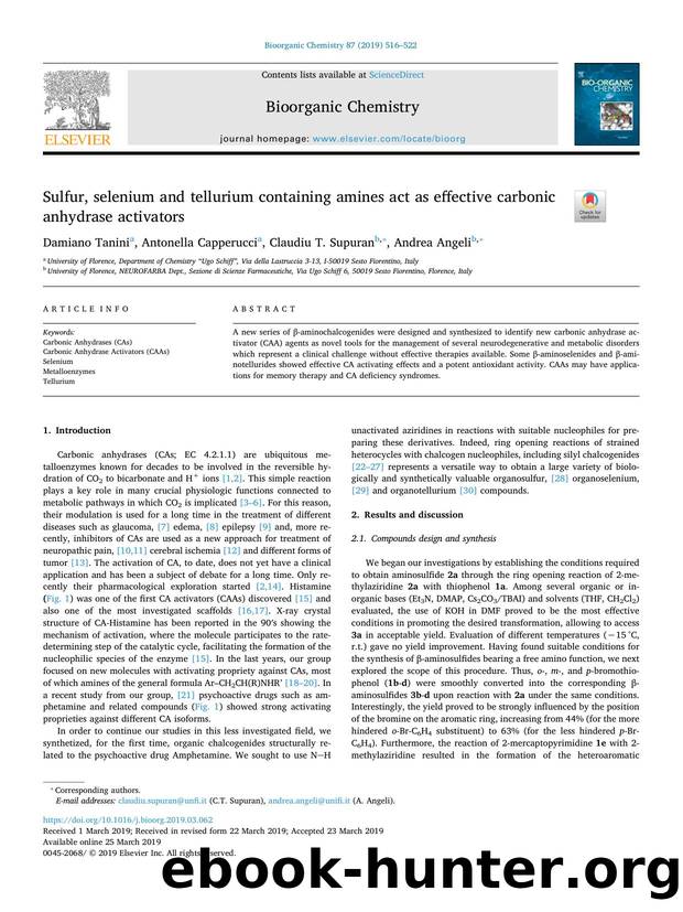 Sulfur, selenium and tellurium containing amines act as effective carbonic anhydrase activators by Damiano Tanini & Antonella Capperucci & Claudiu T. Supuran & Andrea Angeli