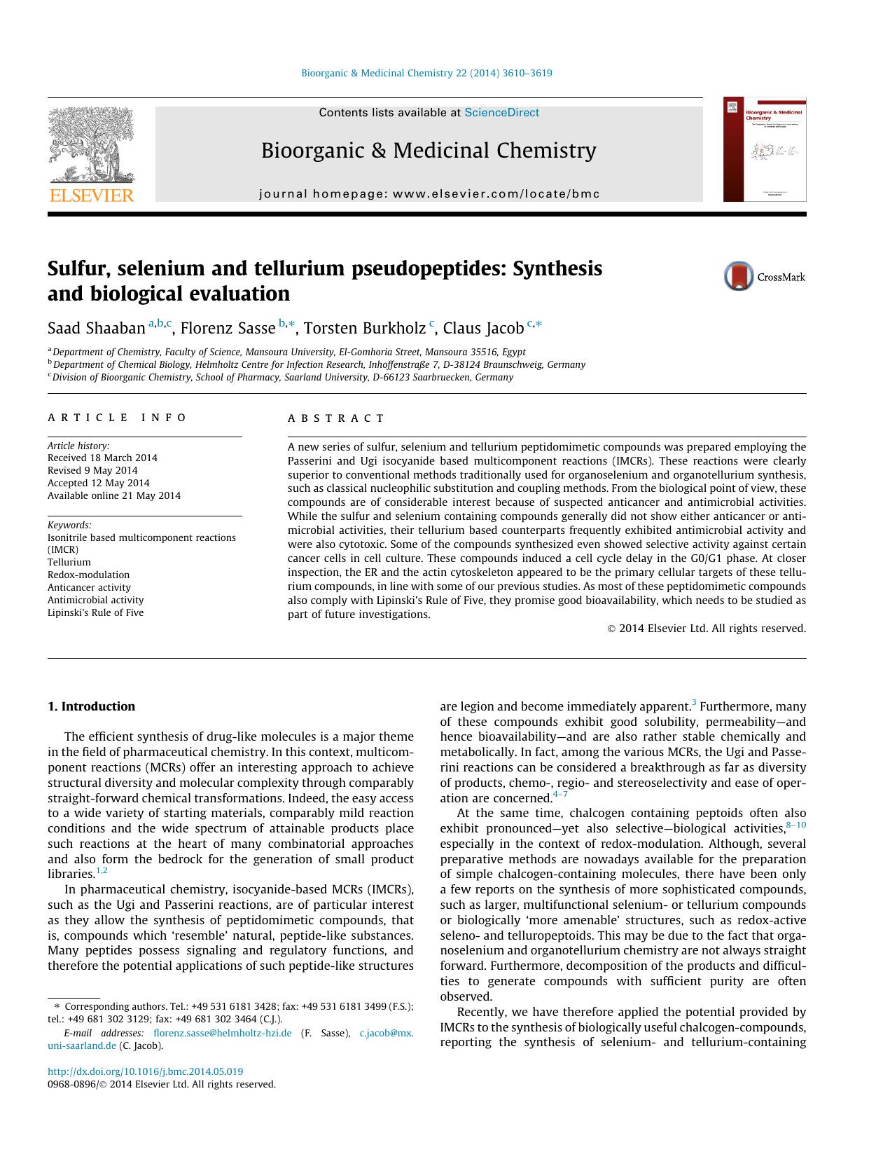 Sulfur, selenium and tellurium pseudopeptides: Synthesis and biological evaluation by Saad Shaaban & Florenz Sasse & Torsten Burkholz & Claus Jacob