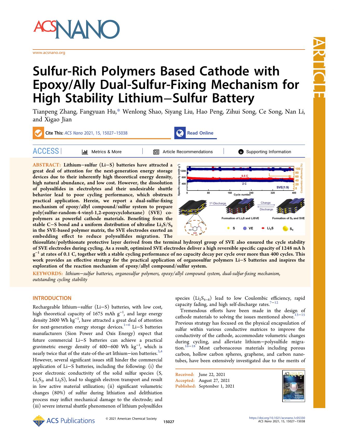 Sulfur-Rich Polymers Based Cathode with EpoxyAlly Dual-Sulfur-Fixing Mechanism for High Stability LithiumâSulfur Battery by unknow