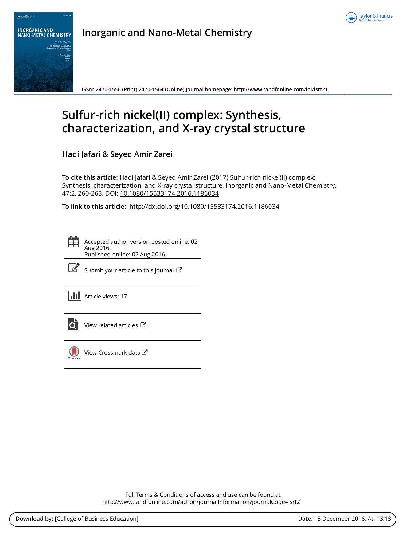 Sulfur-rich nickel\(II\) complex: Synthesis, characterization, and X-ray crystal structure by Hadi Jafari & Seyed Amir Zarei