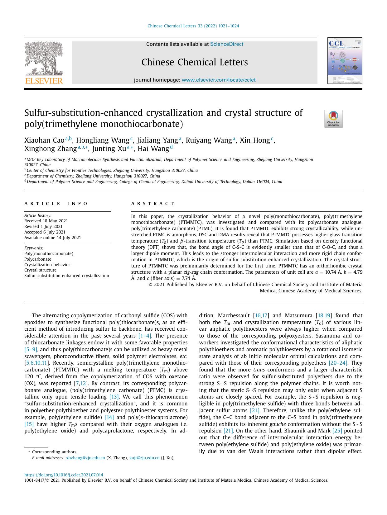 Sulfur-substitution-enhanced crystallization and crystal structure of poly(trimethylene monothiocarbonate) by unknow