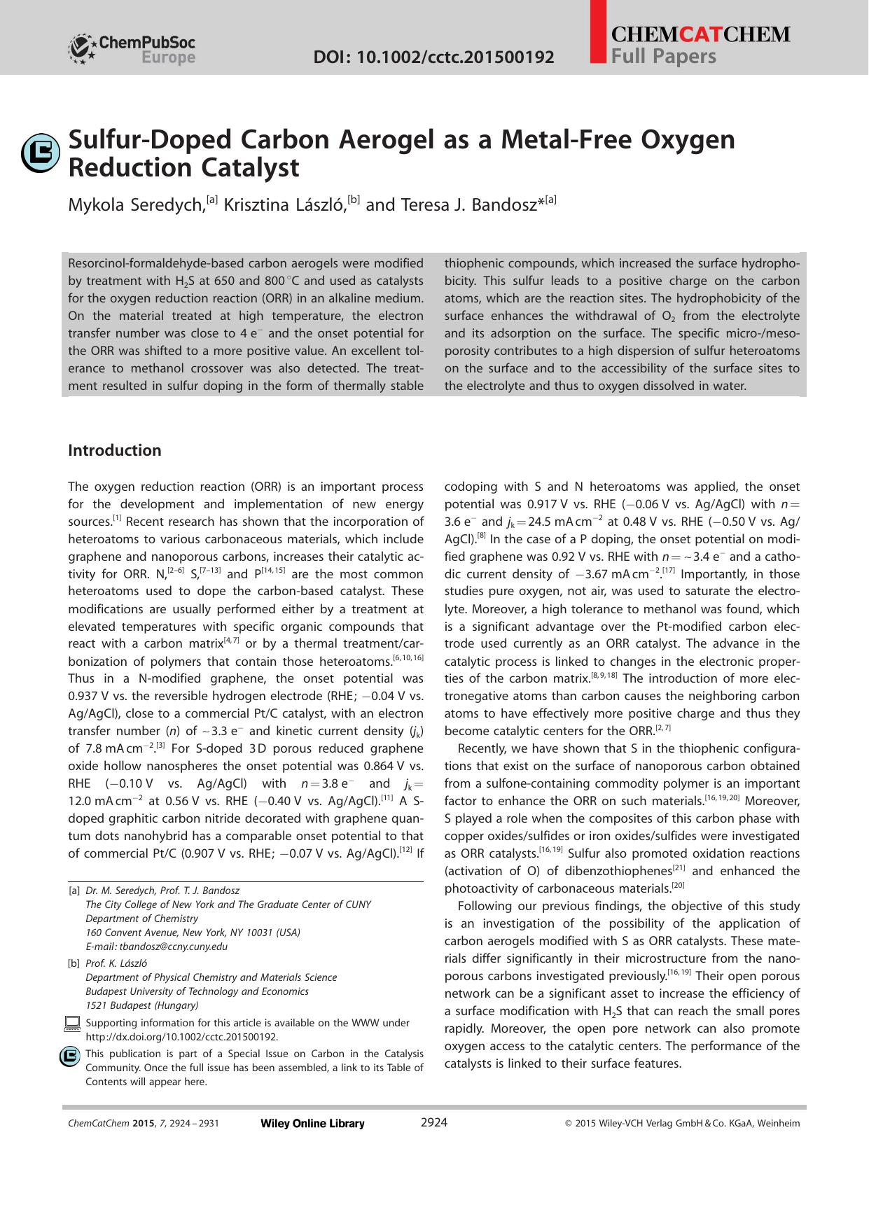 SulfurDoped Carbon Aerogel as a MetalFree Oxygen Reduction Catalyst by Unknown