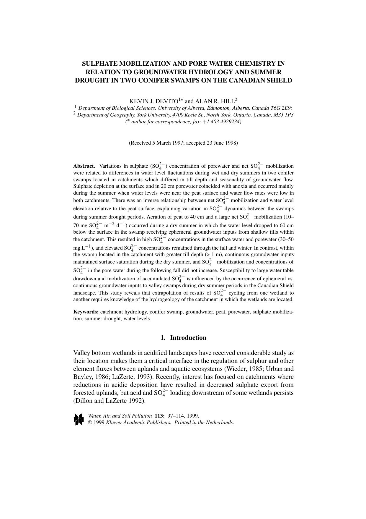 Sulphate Mobilization and Pore Water Chemistry in Relation to Groundwater Hydrology and Summer Drought in two Conifer Swamps on the Canadian Shield by Unknown