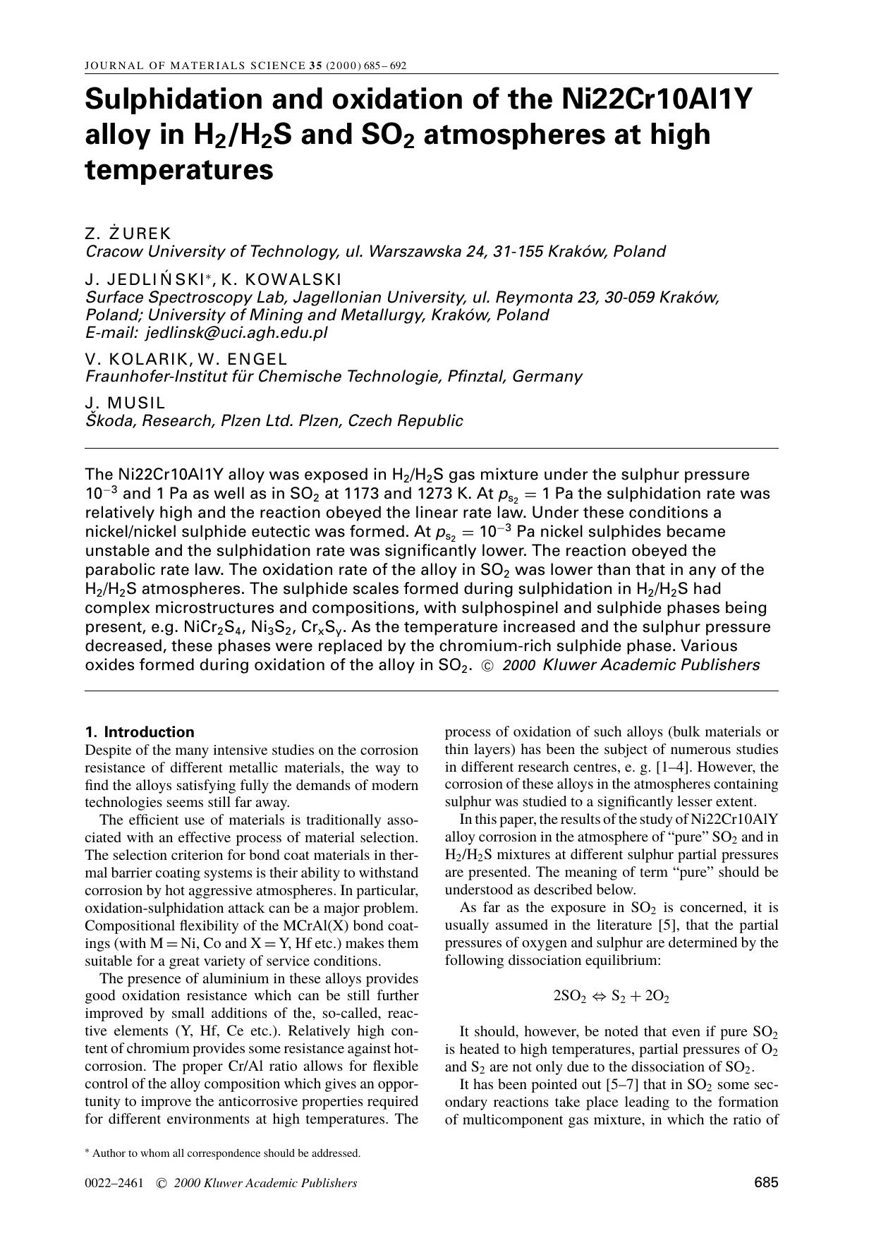 Sulphidation and oxidation of the Ni22Cr10Al1Y alloy in H2H2S and SO2 atmospheres at high temperatures by Unknown