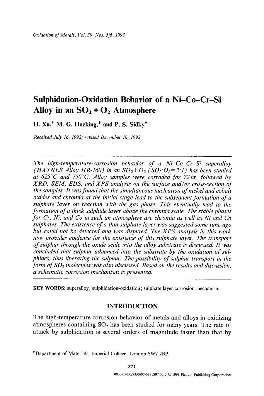 Sulphidation-oxidation behavior of a Ni-Co-Cr-Si alloy in an SO <Subscript>2 <Subscript> + O <Subscript>2 <Subscript> atmosphere by Unknown