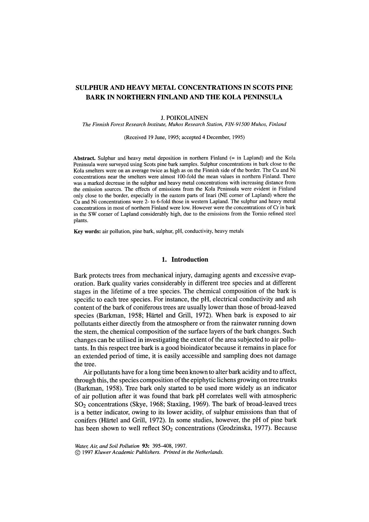 Sulphur and Heavy Metal Concentrations in Scots Pine Bark in Northern Finland and the Kola Peninsula by Unknown