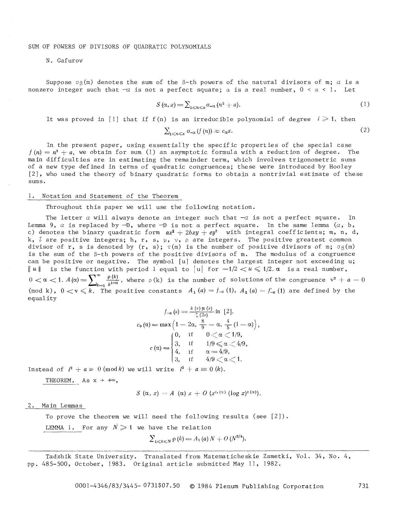 Sum of powers of divisors of quadratic polynomials by Unknown