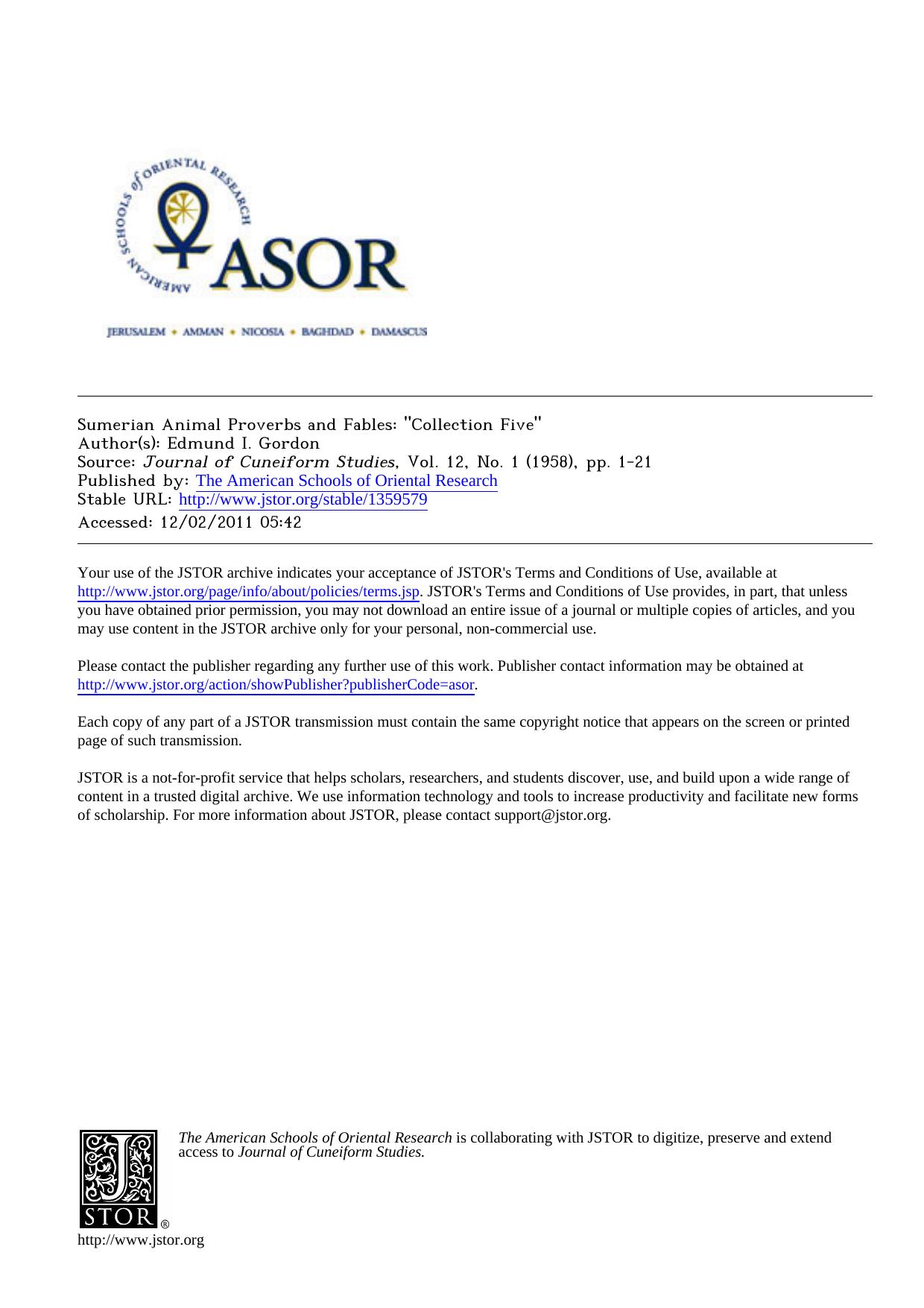 Sumerian Animal Proverbs and Fables Collection Five by Unknown