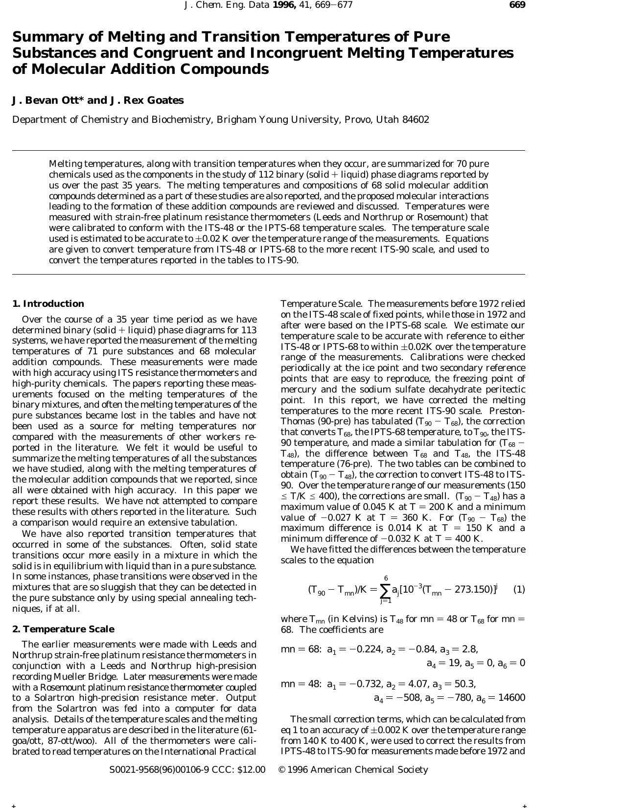 Summary of Melting and Transition Temperatures of Pure Substances and Congruent and Incongruent Melting Temperatures of Molecular Addition Compounds by J. Bevan Ott* and J. Rex Goates