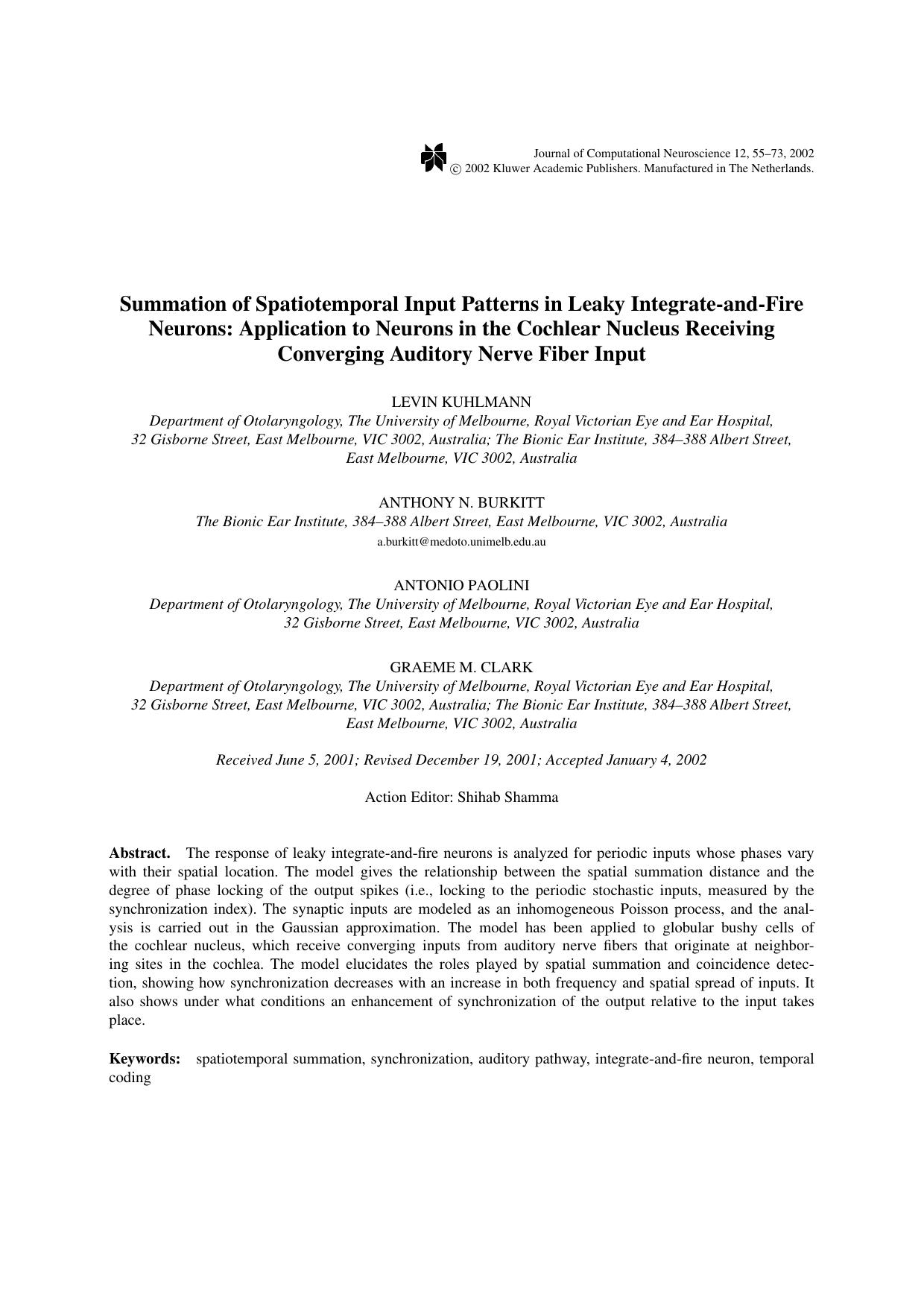 Summation of Spatiotemporal Input Patterns in Leaky Integrate-and-Fire Neurons: Application to Neurons in the Cochlear Nucleus Receiving Converging Auditory Nerve Fiber Input by Unknown