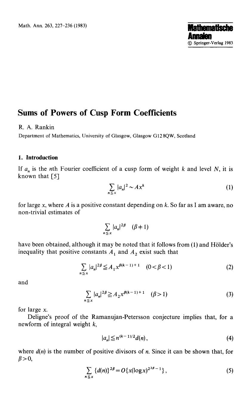 Sums of powers of cusp form coefficients by Unknown